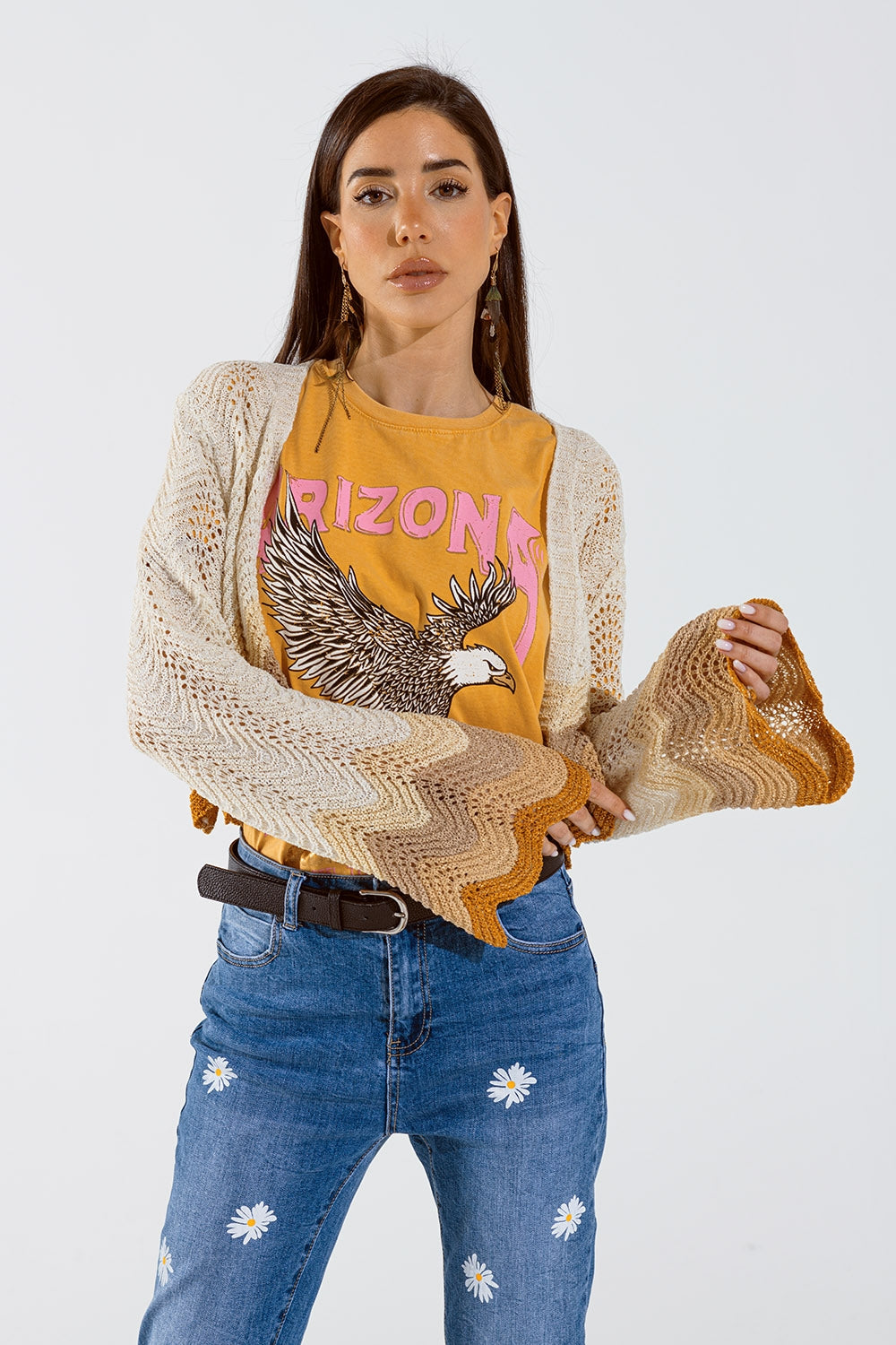 Beige Angel Sleeve Knit Cardigan with Multicolor Wave Design - Perfect for Casual Outfits, Office Wear, and Cozy Evenings