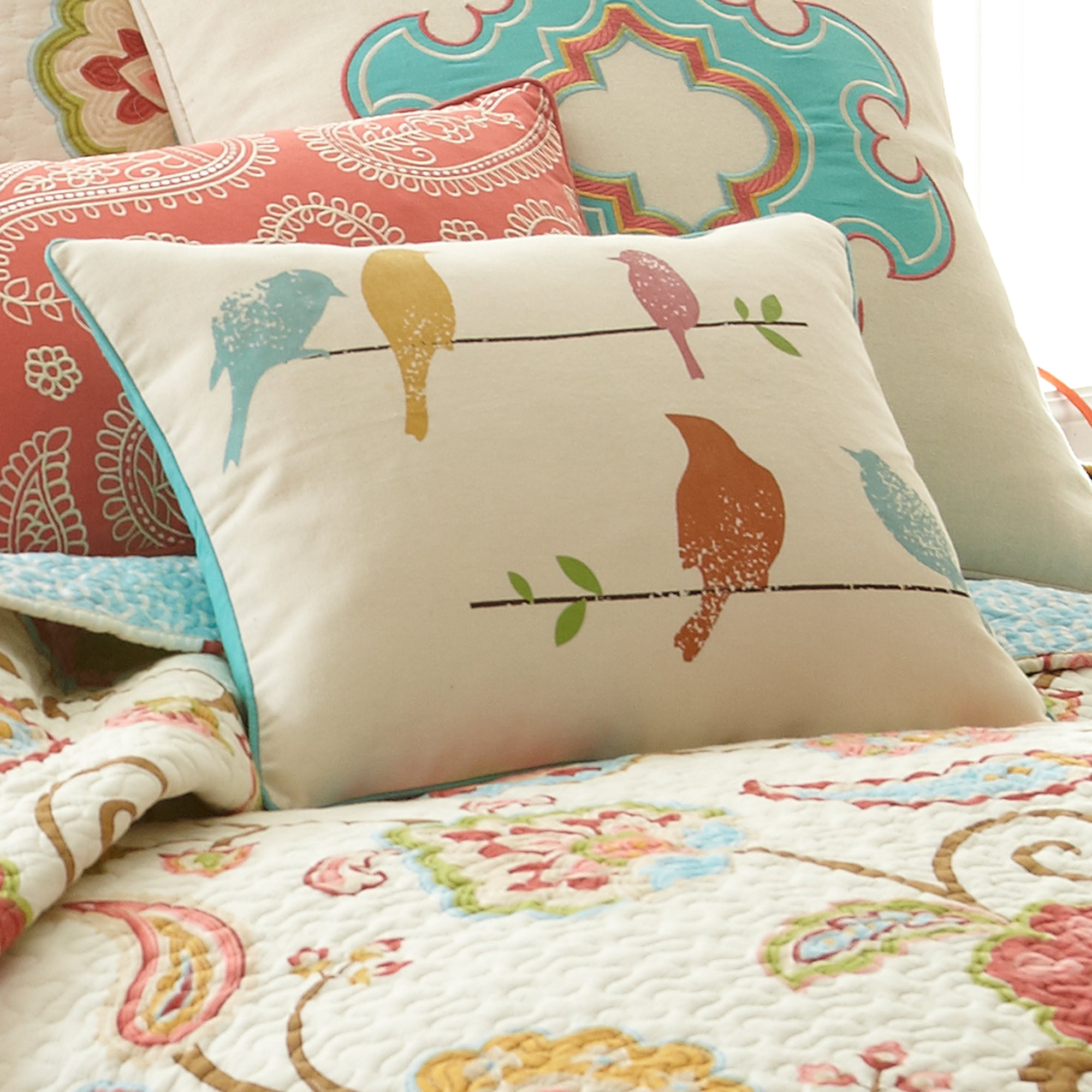 Ashbury Spring Birds Decorative Throw Pillow - Soft Floral Bird Print Cushion Cover for Sofa, Bed, Living Room & Home Decor