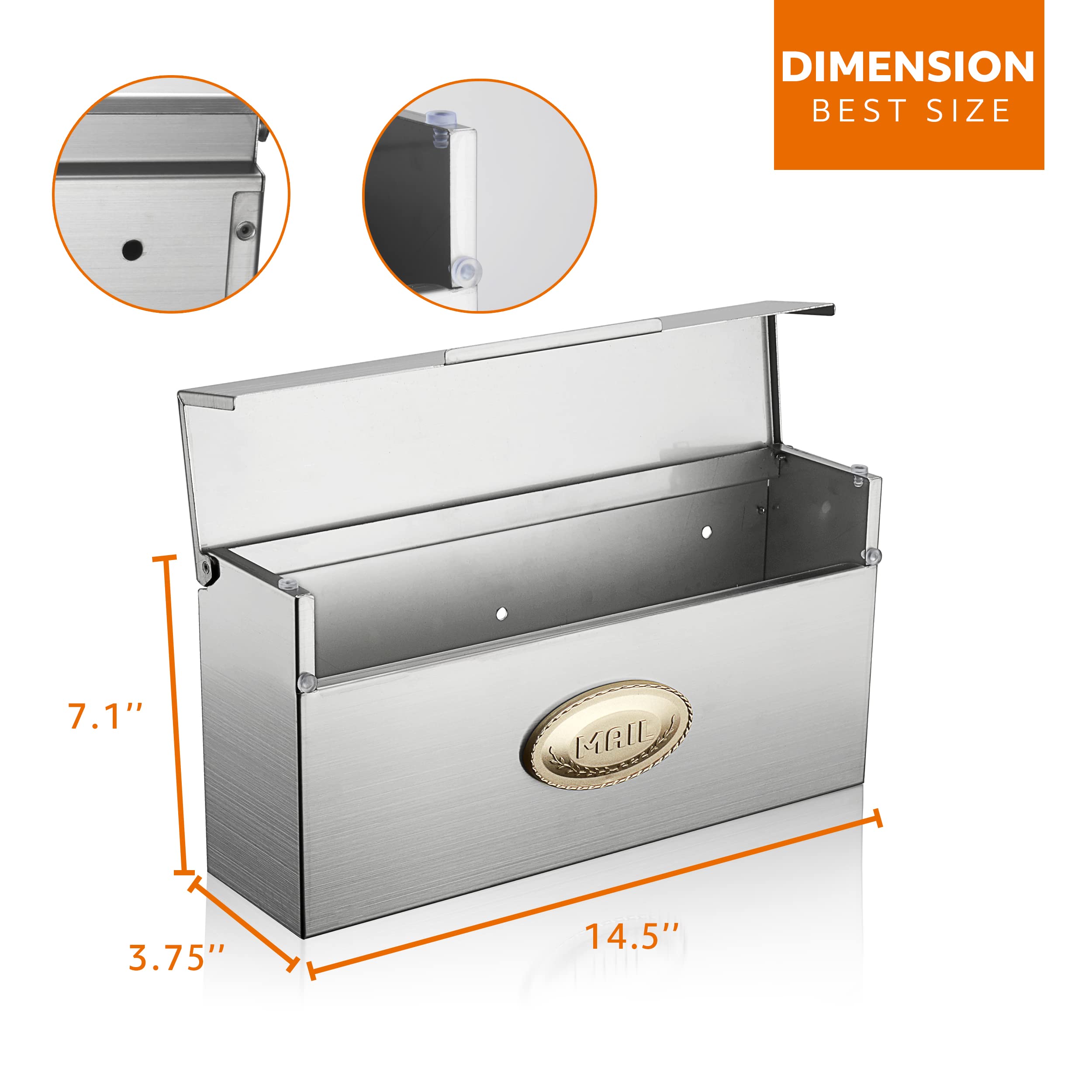 Heavy Duty Stainless Steel Outdoor Mailbox - Rainproof & Rust-Proof Wall Mounted Post Box (3.75