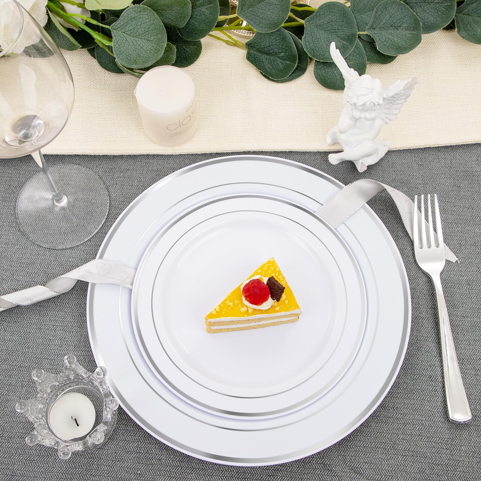 FLOWERCAT 60-Pack Heavy Duty Silver & White Plastic Plates Disposable - 30PCS 10.25