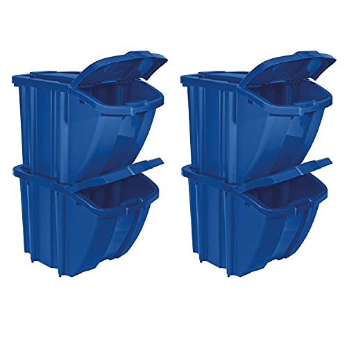 Suncast 18 Gallon Stackable Recycling Trash Bin - Blue (4 Pack) | Indoor/Outdoor Waste Basket with Lids & Handles | Perfect for Kitchen, Garage, Office & Patio Organization