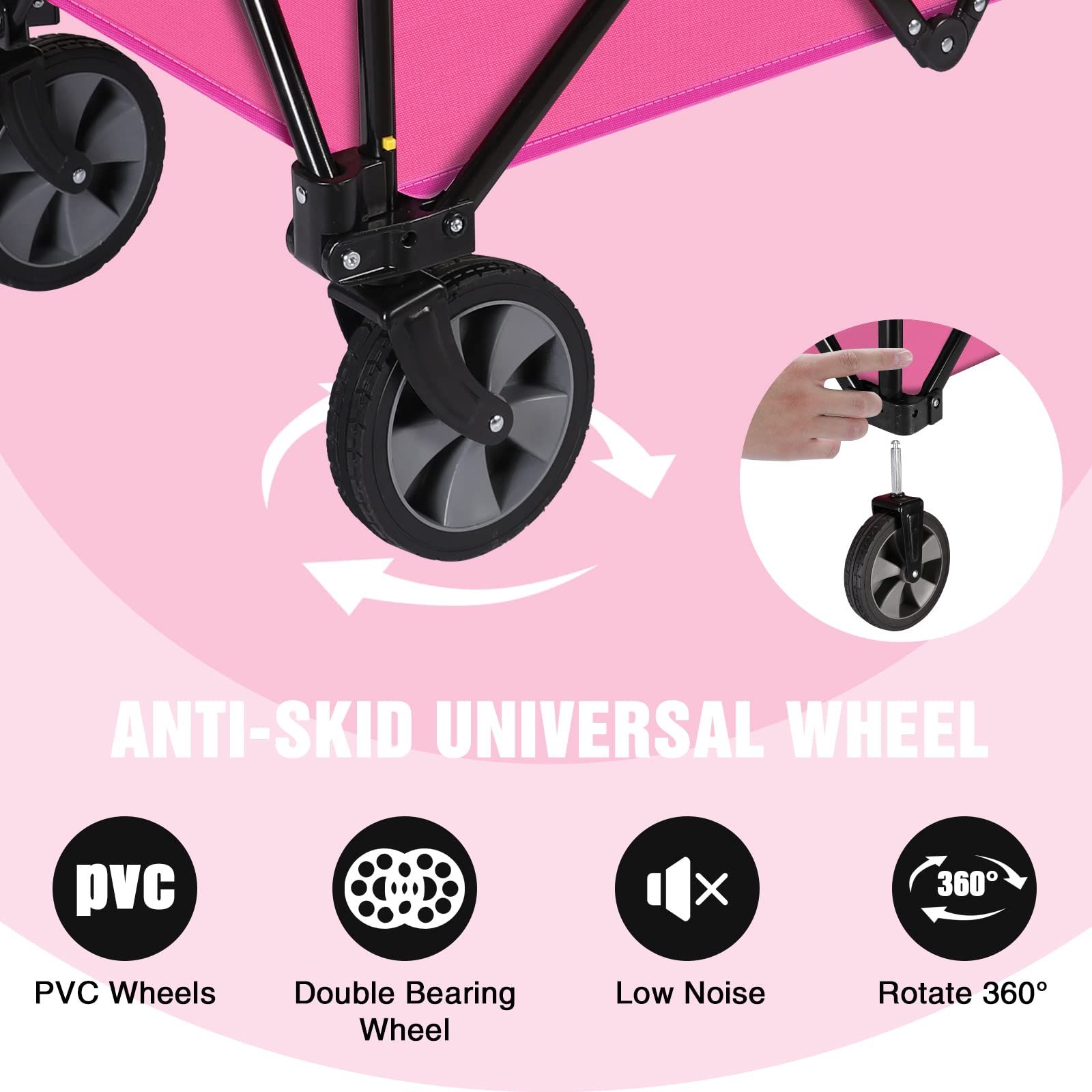 HAUSHOF Heavy Duty Collapsible Wagon - Folding Outdoor Utility Cart with Quick Release Wheels & Adjustable Handle - 176 lbs Capacity - Pink - Perfect for Camping, Beach, Garden & Grocery Shopping