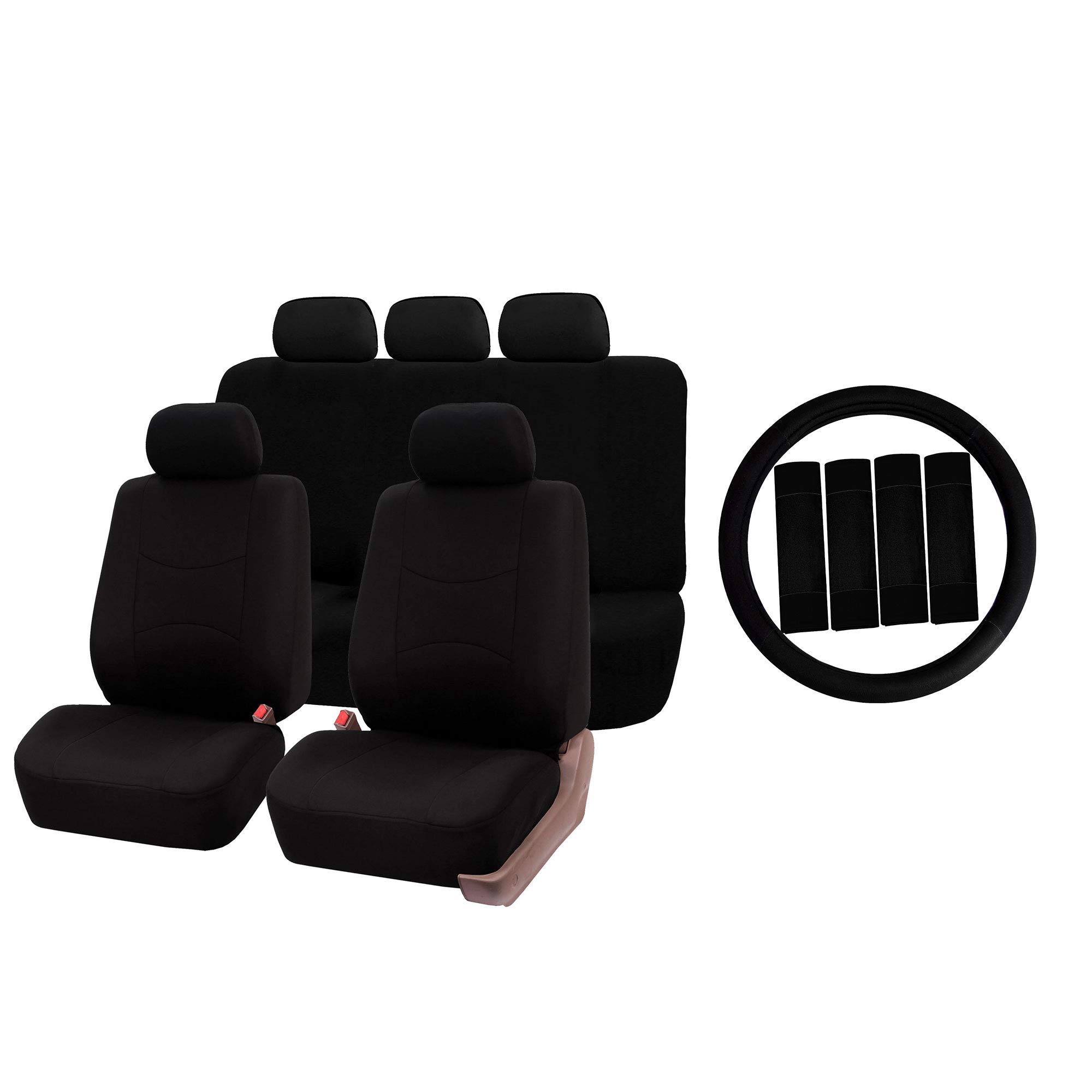 FH Group Universal Fit Car Seat Covers - Full Set Black Flat Cloth Seat Protectors with Airbag Compatibility | Split Rear Design for Cars, Trucks & SUVs | Durable Interior Accessories | Perfect for Family Travel, Office Commuting, Road Trips & Outdoor Adventures | Ideal for Daily Use, Long Drives & Vehicle Protection
