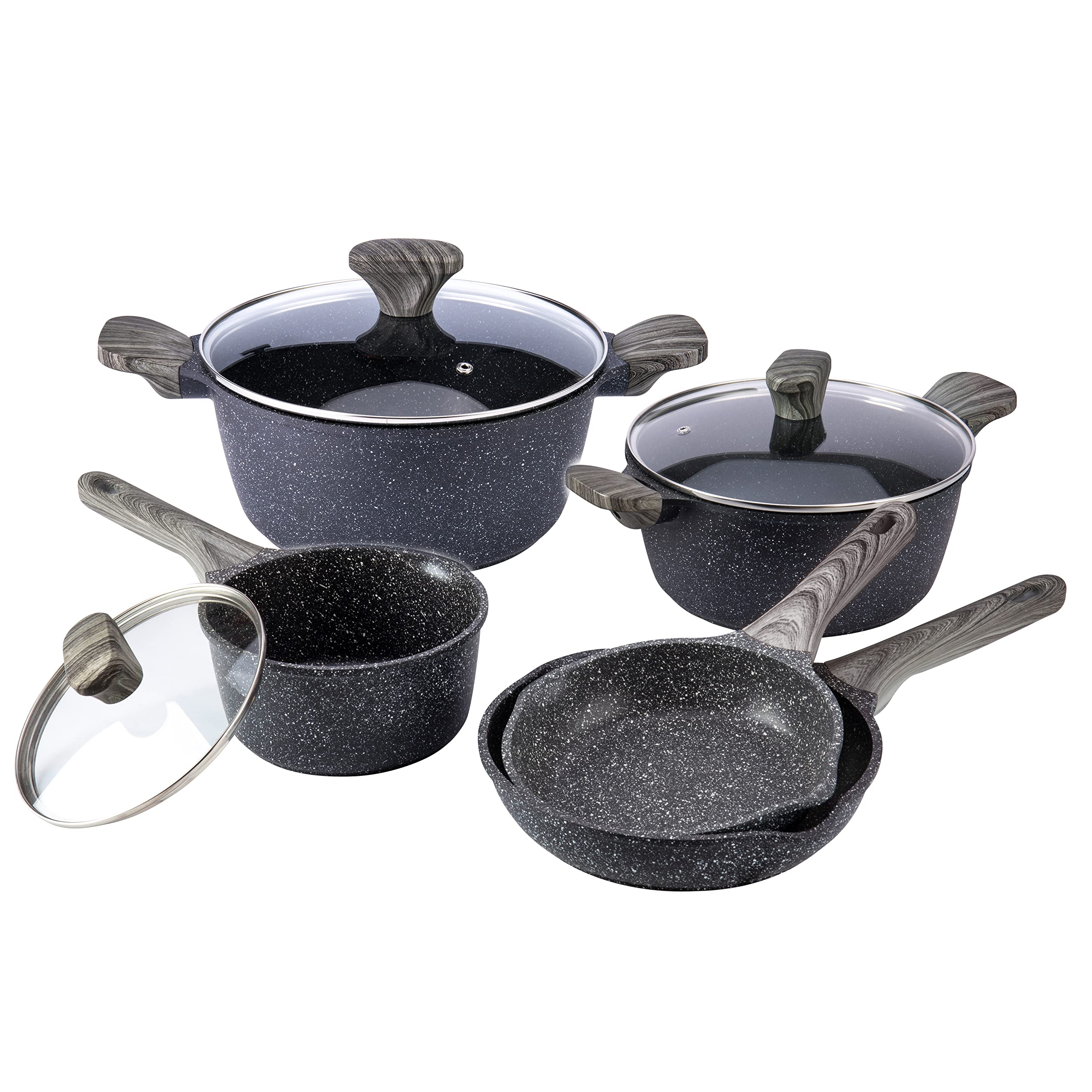 8-Piece Nonstick Induction Cookware Set - Cast Aluminum Pots & Pans with Bakelite Handles, Speckled Black Design - Non-Toxic, PFOA-Free - Perfect for Country Kitchen, RV Camping & Small Space Cooking