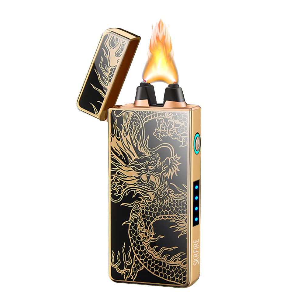 SKRFIRE 2022 New USB Rechargeable Dual Arc Plasma Lighter - Windproof Flameless Electronic Lighter with LED Indicator & Cool Dragon Design - Perfect for Camping, Hiking, and Outdoor Adventures