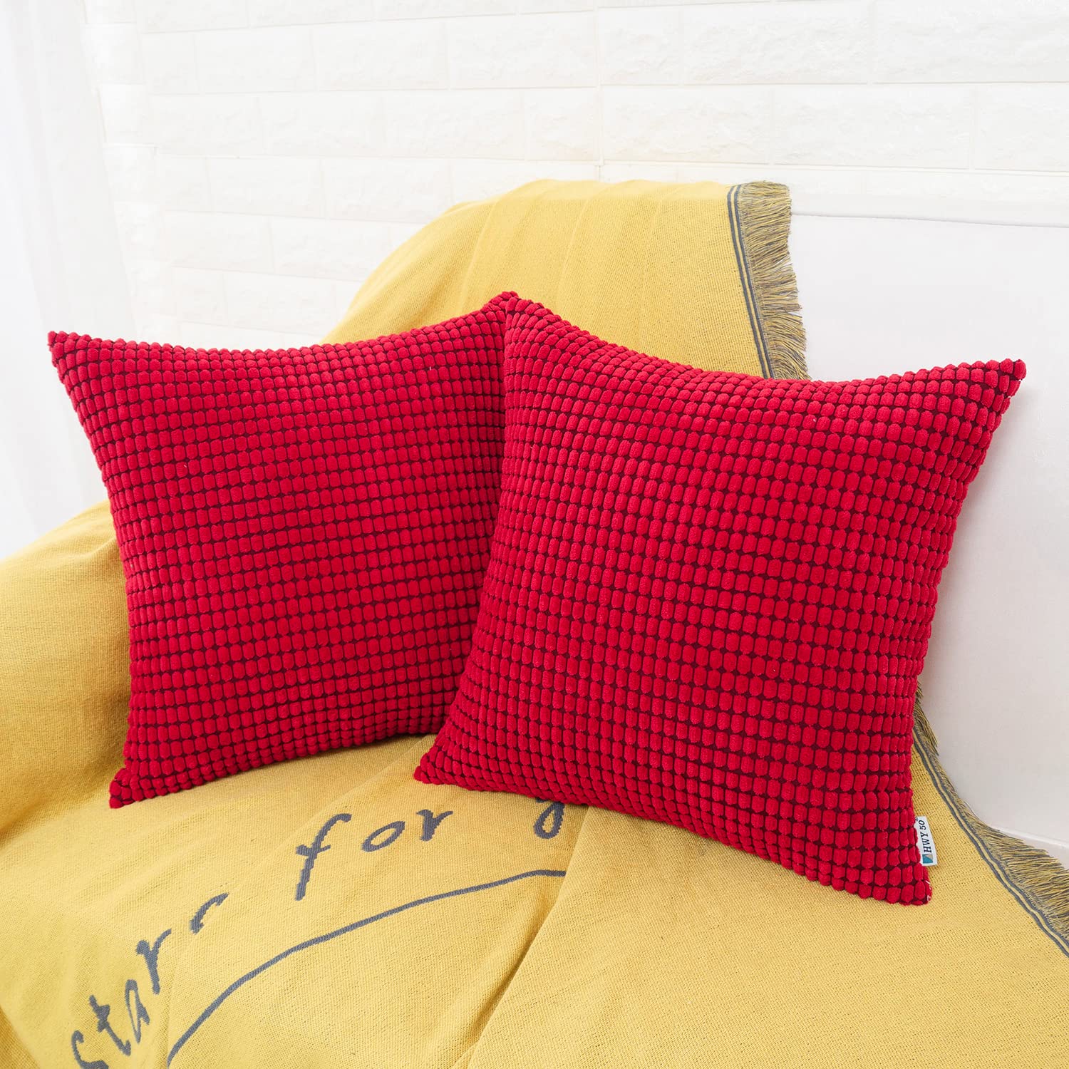 HWY 50 16x16 Inch Corduroy Throw Pillow Covers Set of 2 - Soft Solid Corn Texture Red Accent Cushion Covers for Sofa, Couch, Living Room & Bedroom Decor - Perfect for Home Styling and Cozy Comfort