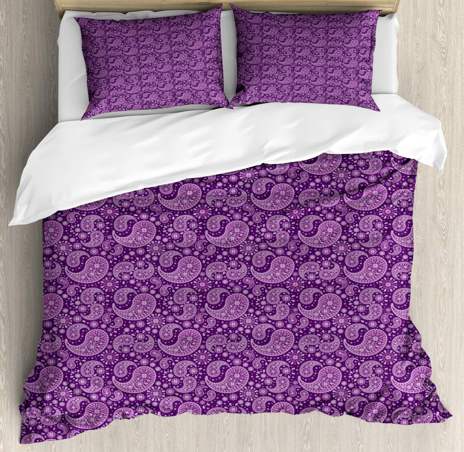 Ambesonne Purple Paisley Duvet Cover Set - King Size 3-Piece Bedding with Floral Damask Print & 2 Pillow Shams | Monochrome Design in Purple Fuchsia | Perfect for Modern Bedroom Decor & Guest Room Styling