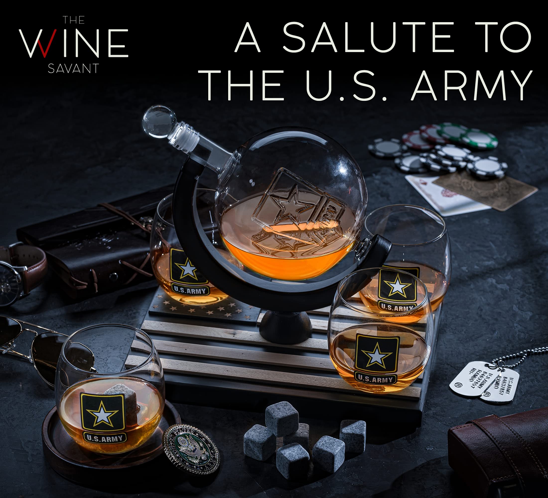 U.S. Army Whiskey Decanter Set with 4 Glasses & 9 Whiskey Stones - Wooden Flag Base Military Gift for Men, Veterans, Fathers - Perfect for Bourbon & Scotch Lovers - Ideal for Father's Day, Retirement, Home Bar Decor & Patriotic Celebrations