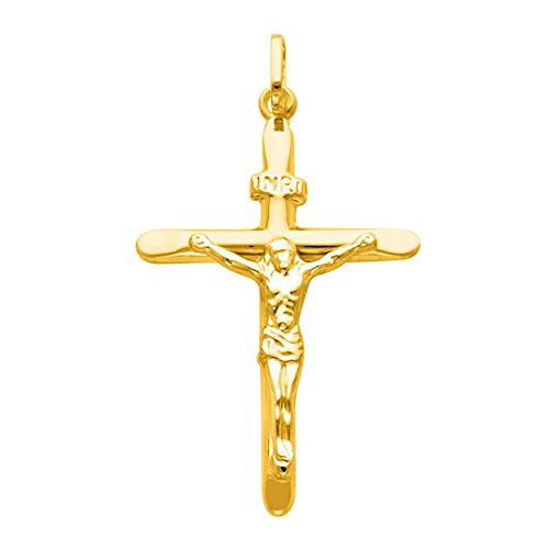 14K Yellow Gold Crucifix Cross Charm Pendant with 0.8mm Braided Square Wheat Chain Necklace - Religious Jewelry for Women & Men, Perfect for Baptism, First Communion, Confirmation & Everyday Wear