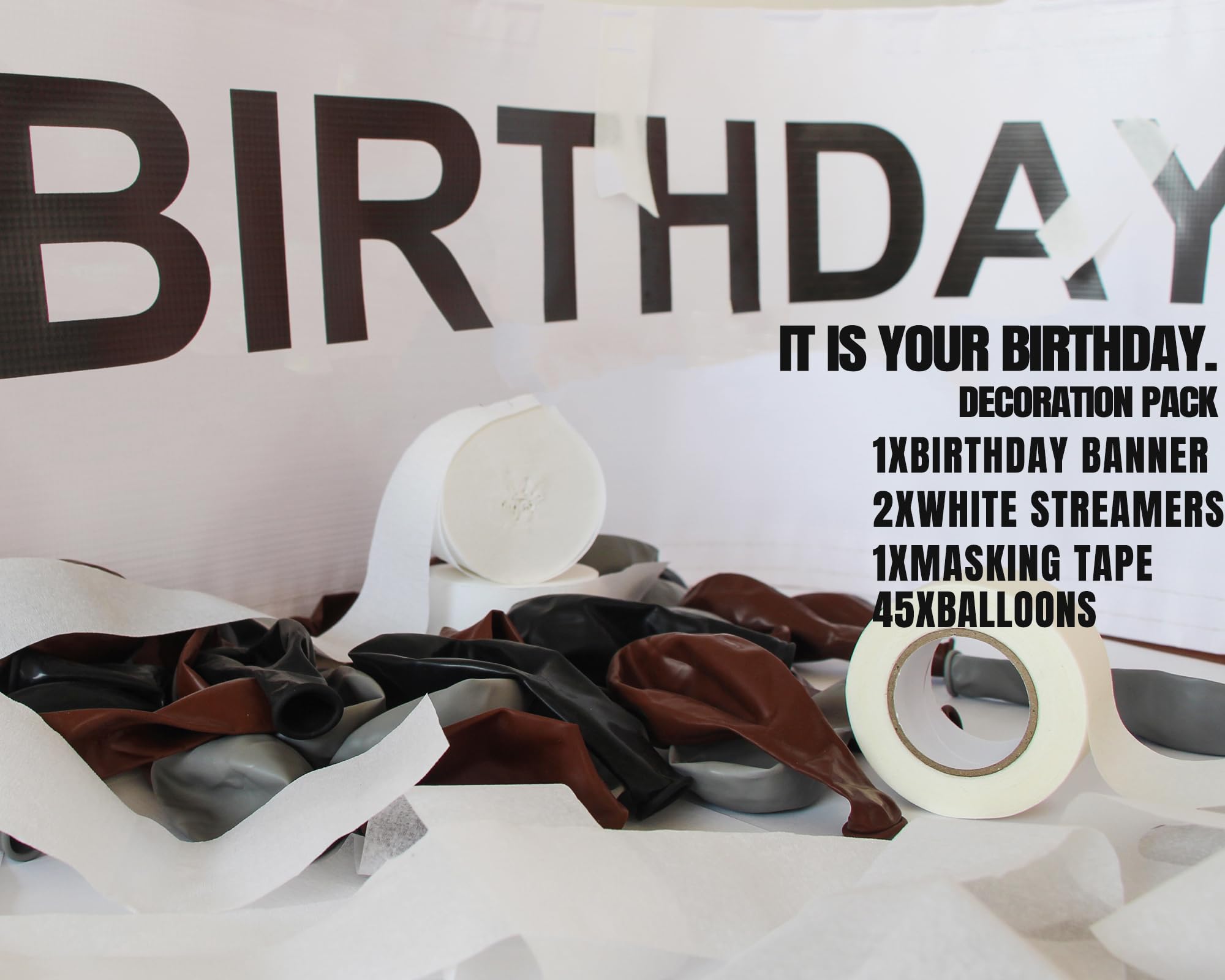 Happy Birthday Banner - Dwight The Office Theme Party Decorations for Husband, Boyfriend & Office Celebrations - Includes Brown, Black, Grey Balloons & White Crepe Streamers (49Pcs) - Perfect for Office Parties, Birthdays & Retirement Celebrations
