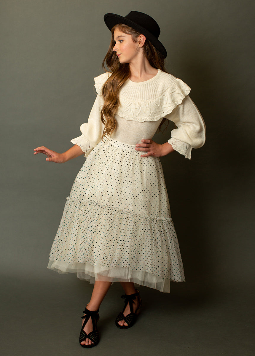 Brigitte Skirt in Cream with Black Dots - Women's A-Line Midi Skirt for Casual Wear, Office & Date Night Outfits