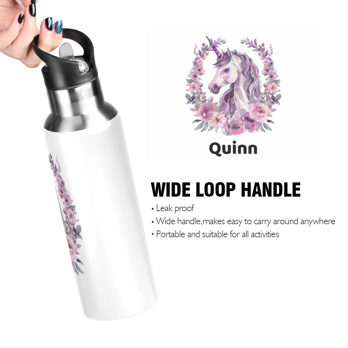 Personalized Floral Unicorn Stainless Steel Water Bottle 20 oz - Custom Name Insulated Double Wall Sport Flask for Kids, Gym, Hiking & Outdoor Activities