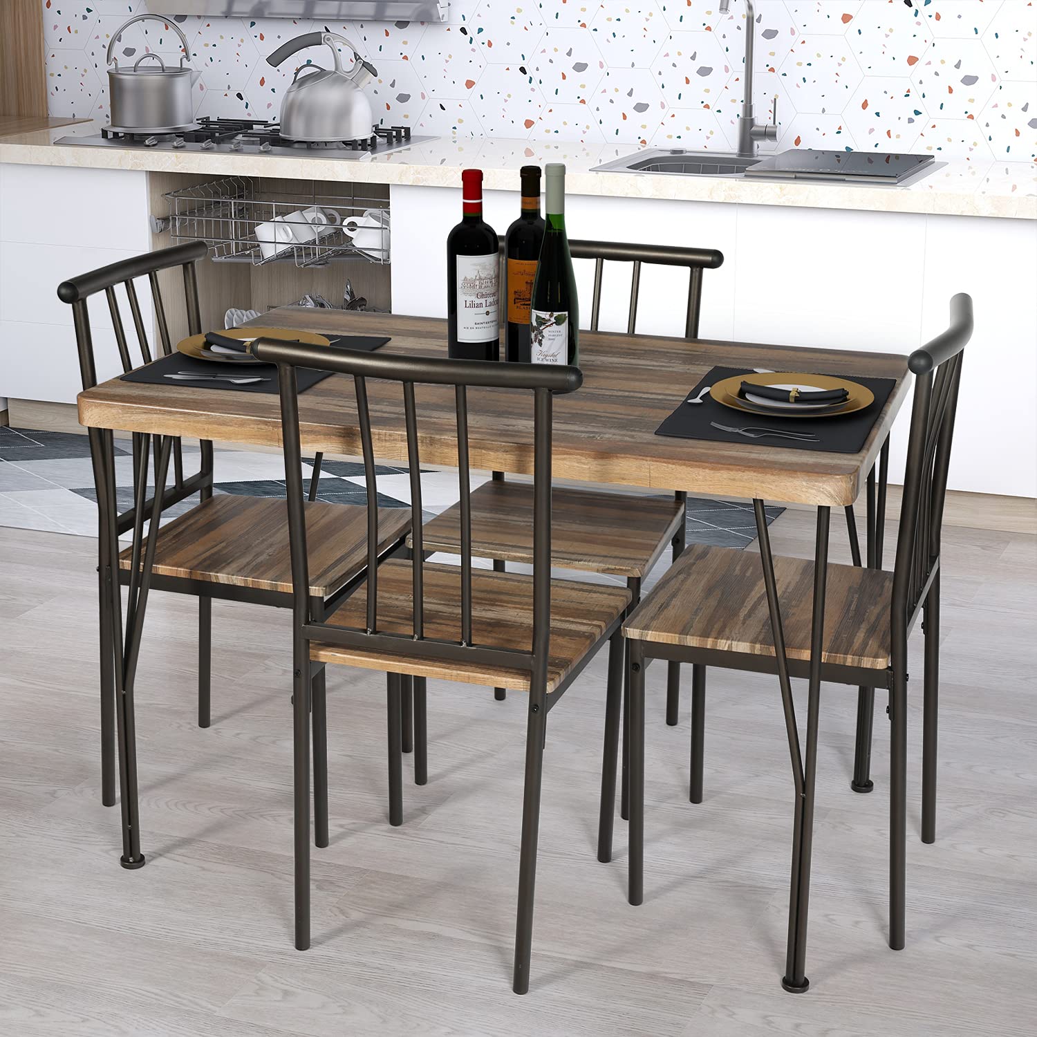 OKL 5-Piece Wooden Dining Table Set with Metal Legs - Modern Rectangular Kitchen Table & 4 Chairs for Breakfast Nook, Home Decor, Small Space Dining - Perfect for Family Meals, Entertaining Guests & Daily Use (Old Wood Finish)