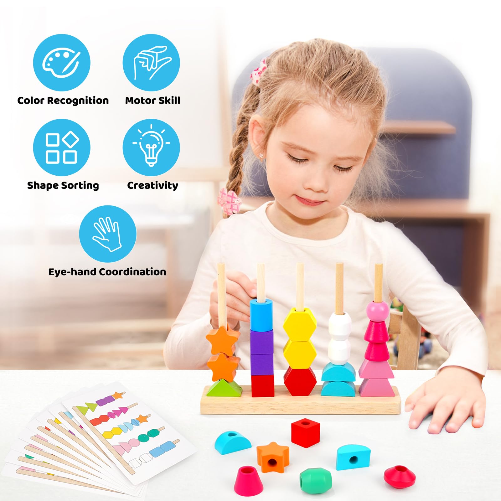 Montessori Wooden Beads Sequencing Toy Set for Toddlers Ages 2-4 - STEM Preschool Learning Toy with Lacing Beads, Stacking Blocks & Shape Matching - Perfect Birthday Gift for Boys & Girls | Classroom & Homeschool Educational Activities
