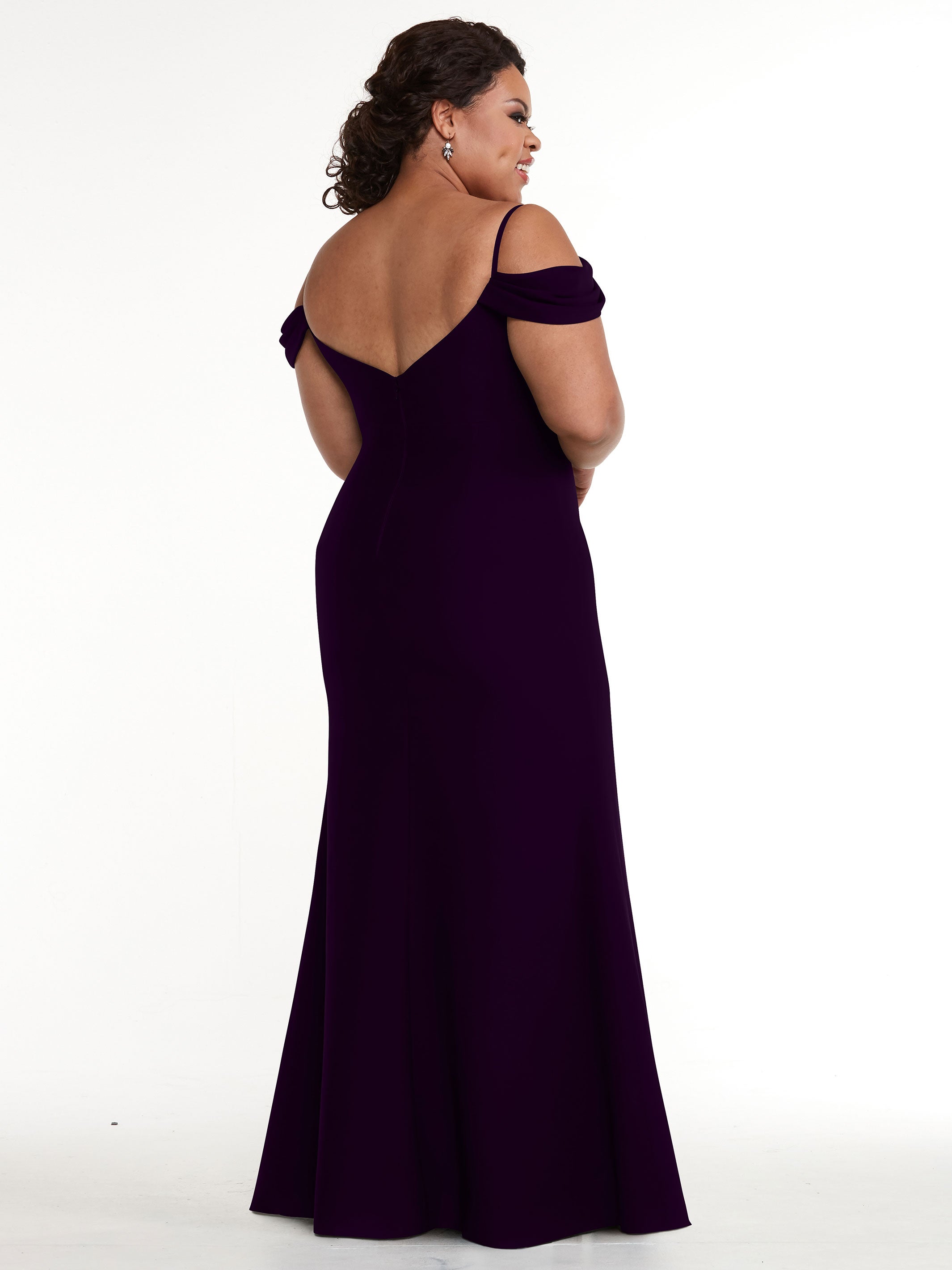 Elegant 83029 Fitted Stretch Chiffon Off-The-Shoulder Bridesmaid Dress with High Slit - Perfect for Weddings, Prom & Formal Events