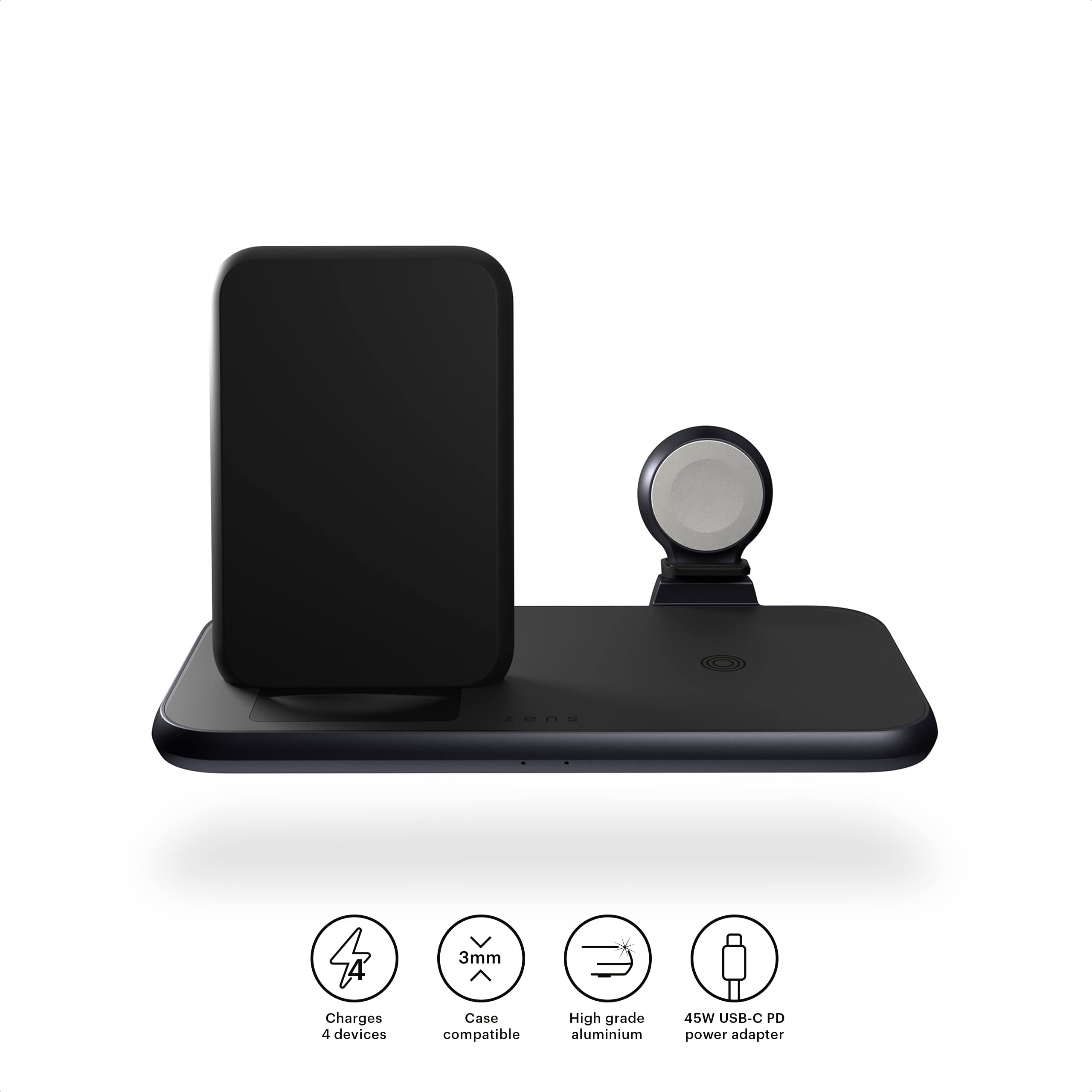 Premium Zens Aluminium 4-in-1 Wireless Charging Stand with 45W USB-C PD - Fast Charge for iPhone, Samsung, AirPods & Apple Watch - Perfect for Home, Office & Nightstand Use
