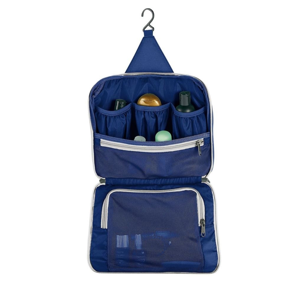 Eagle Creek PACK IT™ REVEAL Hanging Toiletry Kit - Waterproof Travel Cosmetic Bag with Hanging Hook, Aizome Blue/Grey - Perfect for Camping, Business Trips & Airplane Carry-On