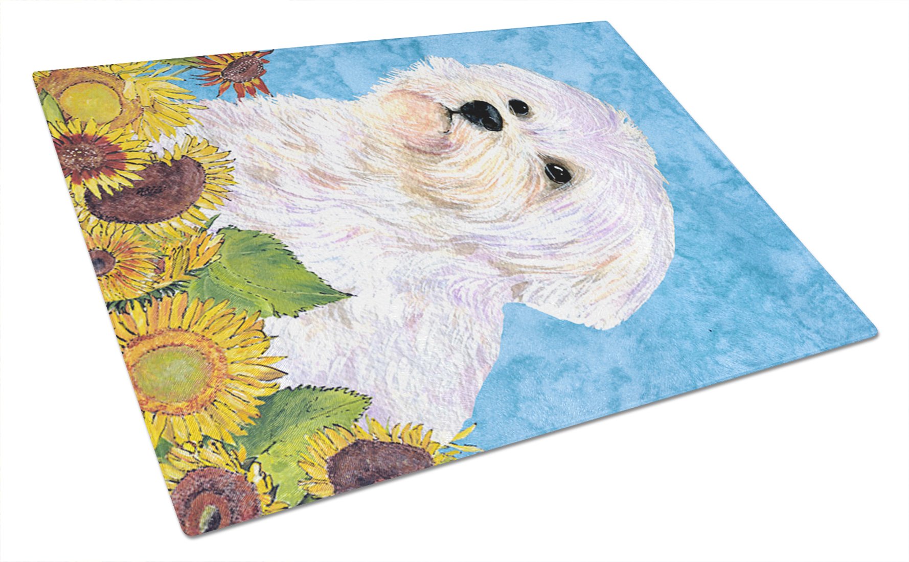 Tempered Glass Cutting Board with Maltese in Summer Flowers Design - Large Decorative Kitchen Chopping & Serving Board for Fruits, Cheese, Charcuterie | Durable Heat-Resistant Surface for Food Prep & Entertaining