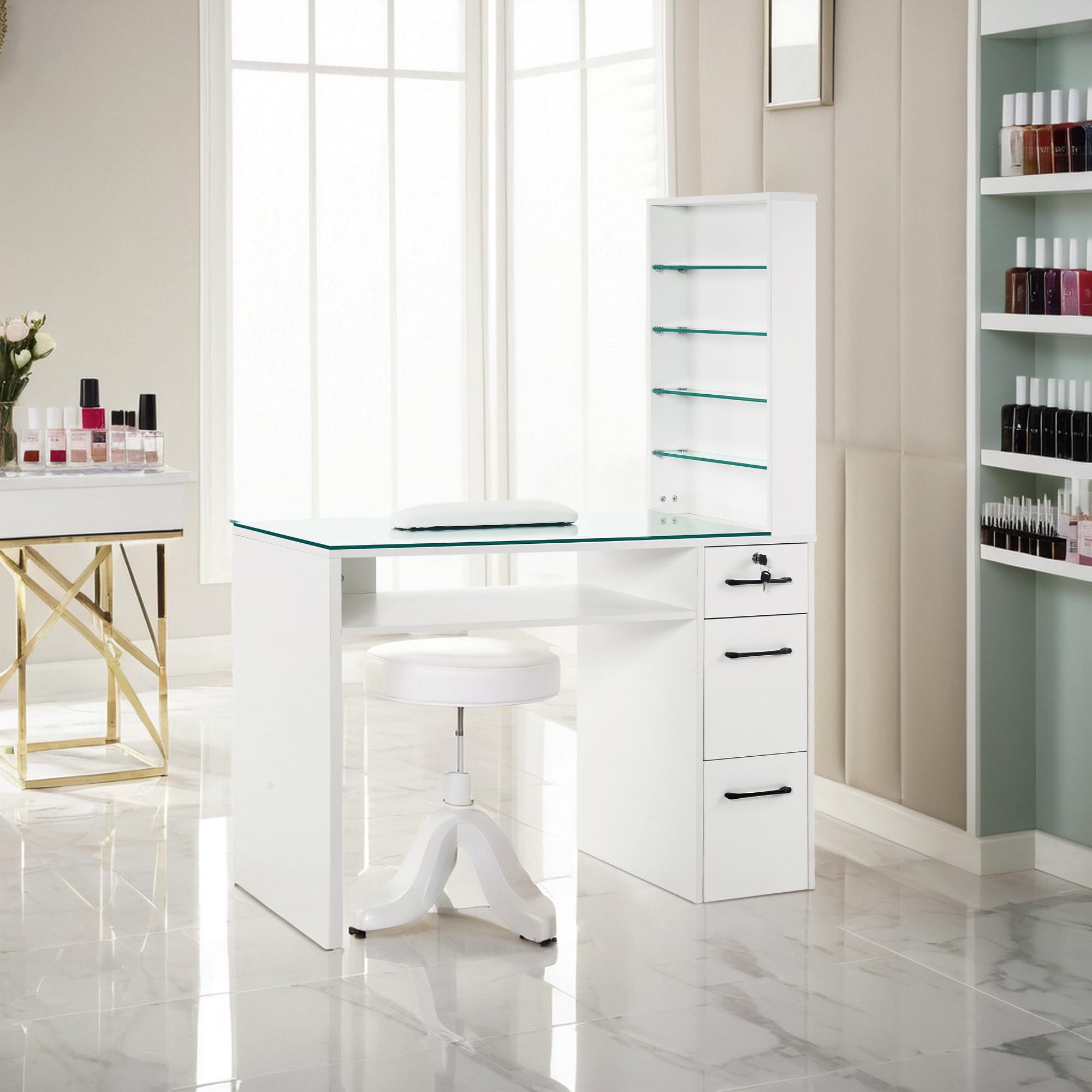 Professional Barber & Manicure Table with 3 Drawers & Storage Shelves - 45x60x19 Inch White Nail Salon Station for Spa, Beauty Parlor & Home Use - Perfect for Manicures, Pedicures & Barber Services
