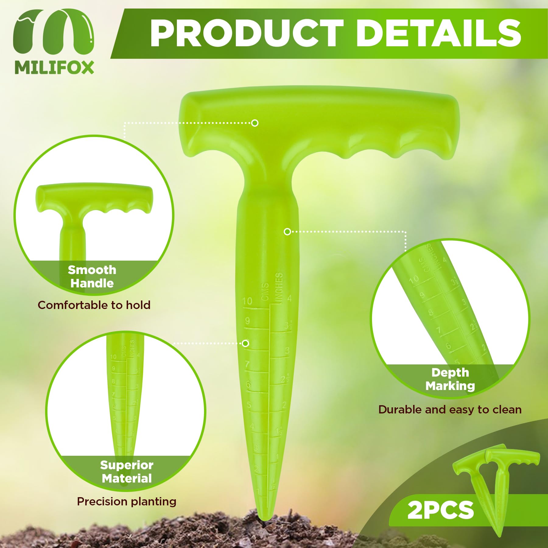 2 Pack Light Green Plastic Bulb Planting Tools - 6.9 Inch Seed Dibber with Measurement Marks & Ergonomic Handle for Gardening, Planting Bulbs, Digging Holes - Perfect for Home Garden, Flower Beds & Vegetable Planting