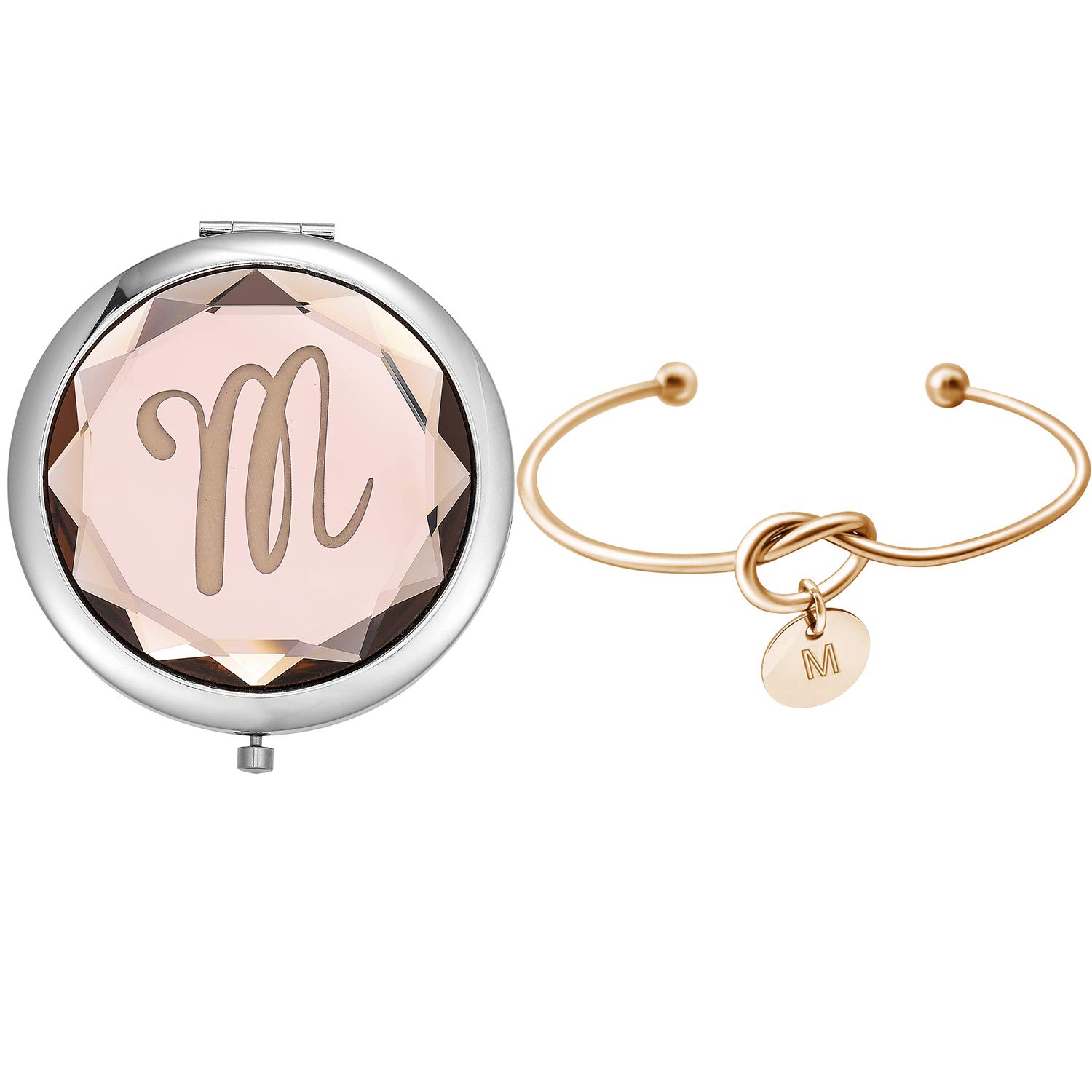 Elegant Compact Crystal Pocket Makeup Mirror Set with Love Knot Bracelet - Perfect for Bachelorette Party, Bridesmaid Proposal & Wedding Gifts (Champagne) | Ideal for Travel, Home Vanity & Special Occasions