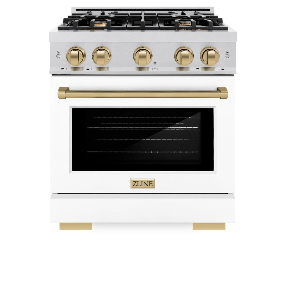 ZLINE Autograph Edition 30-inch 4.2 cu. ft. Dual Fuel Range with 4-Burner Gas Cooktop & Electric Convection Oven - Satin Stainless Steel, White Matte Door & Champagne Bronze Accents (HDRSZ WM 30 CB) - Perfect for Modern Kitchens, Home Chefs & Gourmet Cooking