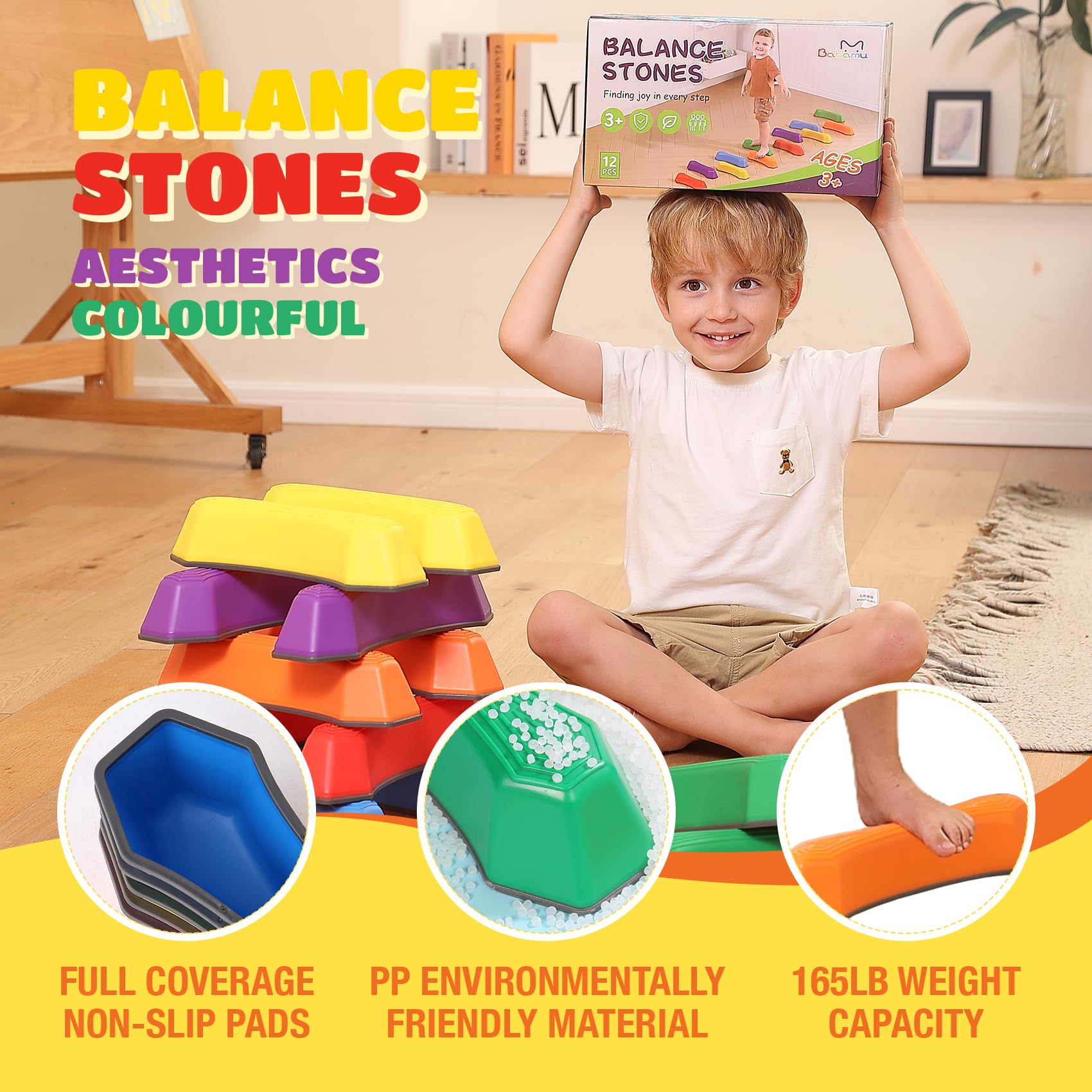 Non-Slip Stepping Stones for Kids - Balance Beam Sensory Toys for Toddlers | Improve Coordination & Stability | Outdoor Play Equipment for Backyard, Garden & Playroom Activities