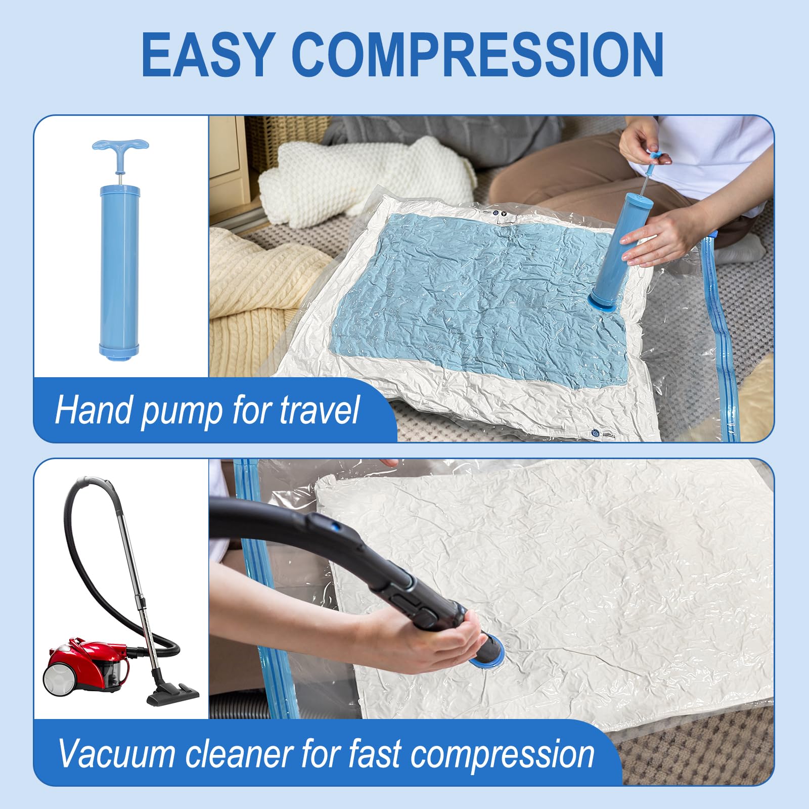 10 Pack Small Vacuum Storage Bags with Hand Pump - Space Saving Compression Bags for Clothes, Blankets, Comforters & Travel - Perfect for Organizing Wardrobes, Seasonal Storage & Luggage Packing