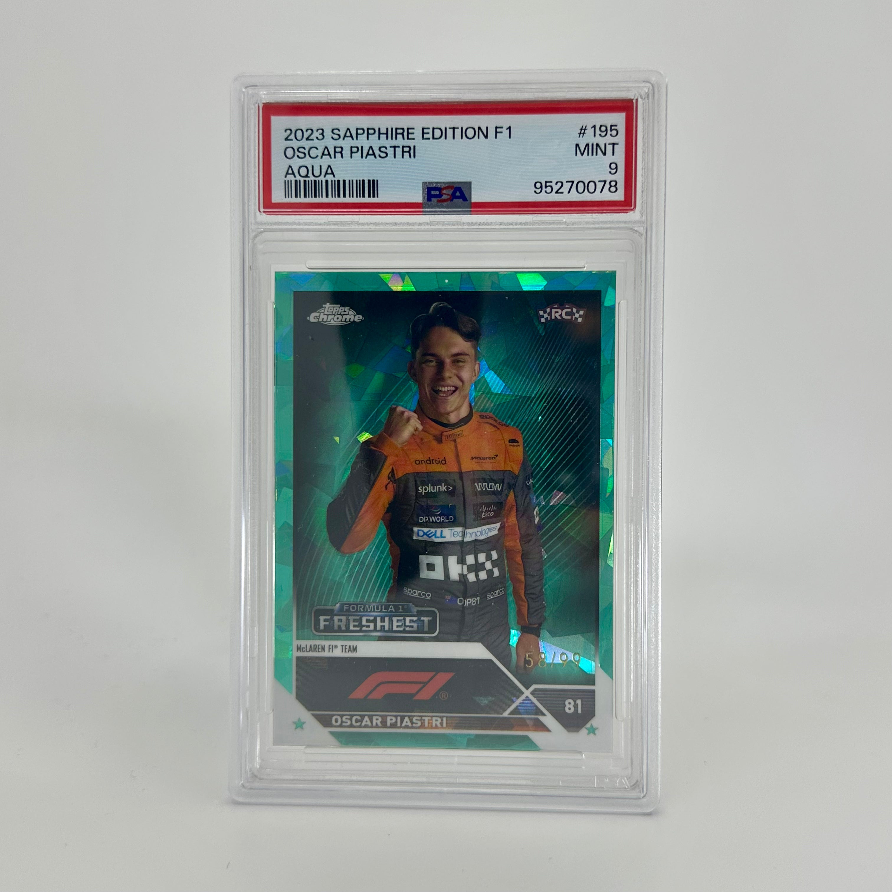 2023 Topps Chrome F1 Oscar Piastri #195 PSA 9 Rookie Card - 58/99 Aqua Sapphire Edition | Collectible Racing Memorabilia for F1 Fans & Card Collectors