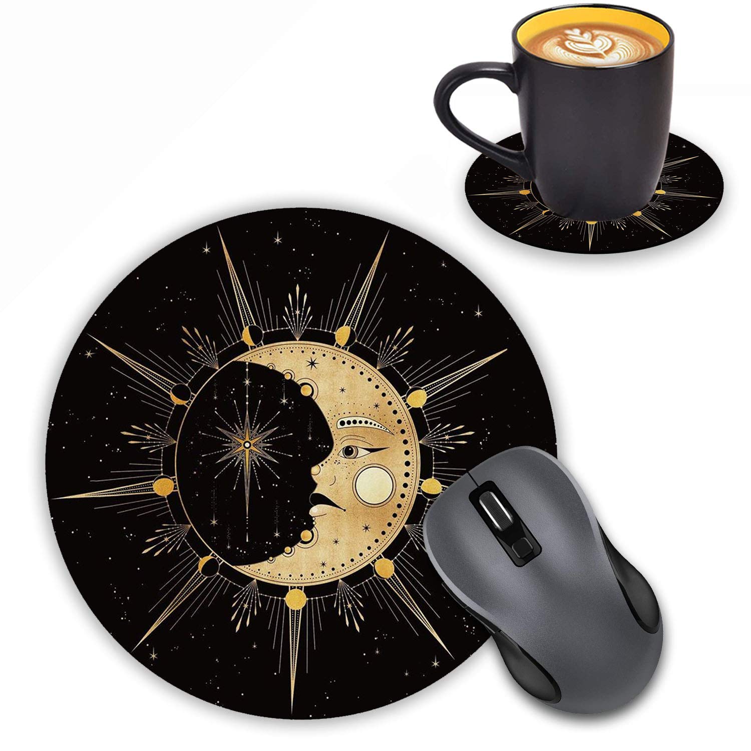 Celestial Sun and Moon Non-Slip Rubber Mouse Pad with Coasters Set - Office Desk Accessories for Computer & Laptop - Perfect for Gaming, Work, and Home Office Decor
