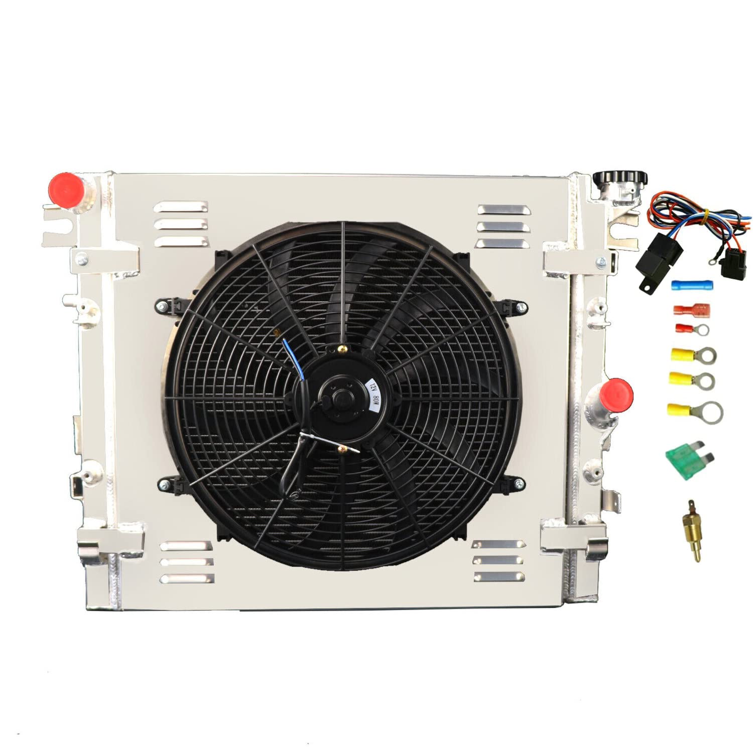 Jeep Wrangler JK Radiator Replacement 3.6L 3.8L V6 (2007-2015) - 3 Row Aluminum Crossflow Radiador with Electric Fan Shroud & Thermostat Kit Combo | Perfect for Off-Roading, Daily Commuting & Extreme Weather Conditions