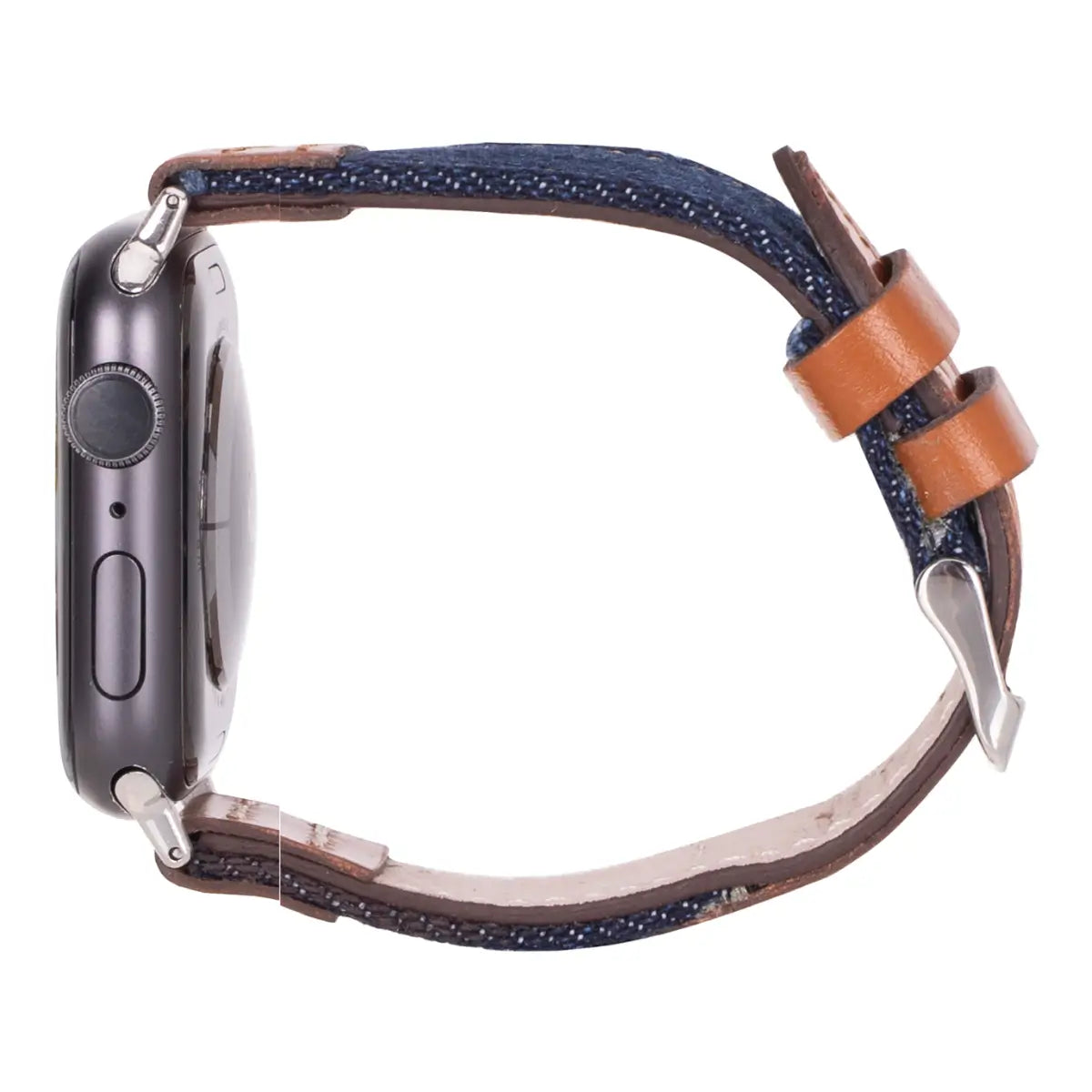 Premium Blue Denim & Genuine Brown Leather Apple Watch Band - Sporty & Stylish for Workouts, Outdoor Activities & Everyday Wear