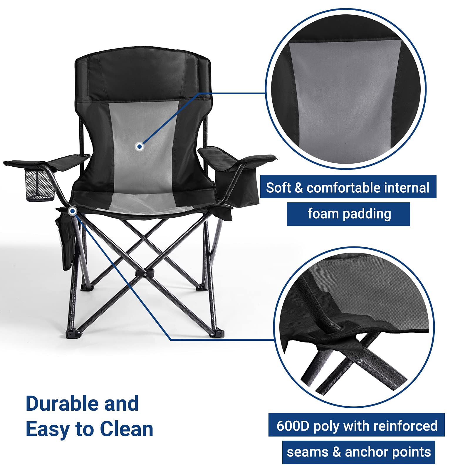 AsterOutdoor Heavy Duty Camping Folding Chair with Padded Seat, Large Cup Holders & Side Organizer - 350lbs Capacity for Backyard, Beach, Fishing, Picnics & Outdoor Events | Portable Quad Arm Chair with Back Pocket for Comfortable Relaxation
