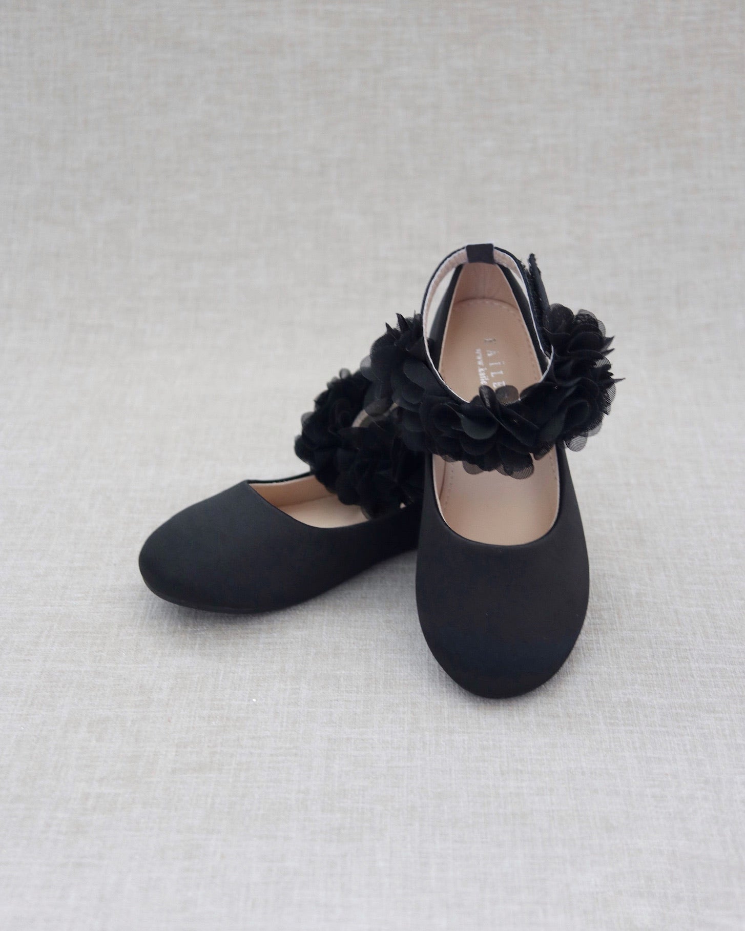 Elegant Black Satin Flats with Chiffon Flower Ankle Strap - Comfortable Women's Dress Shoes for Wedding, Party & Formal Occasions
