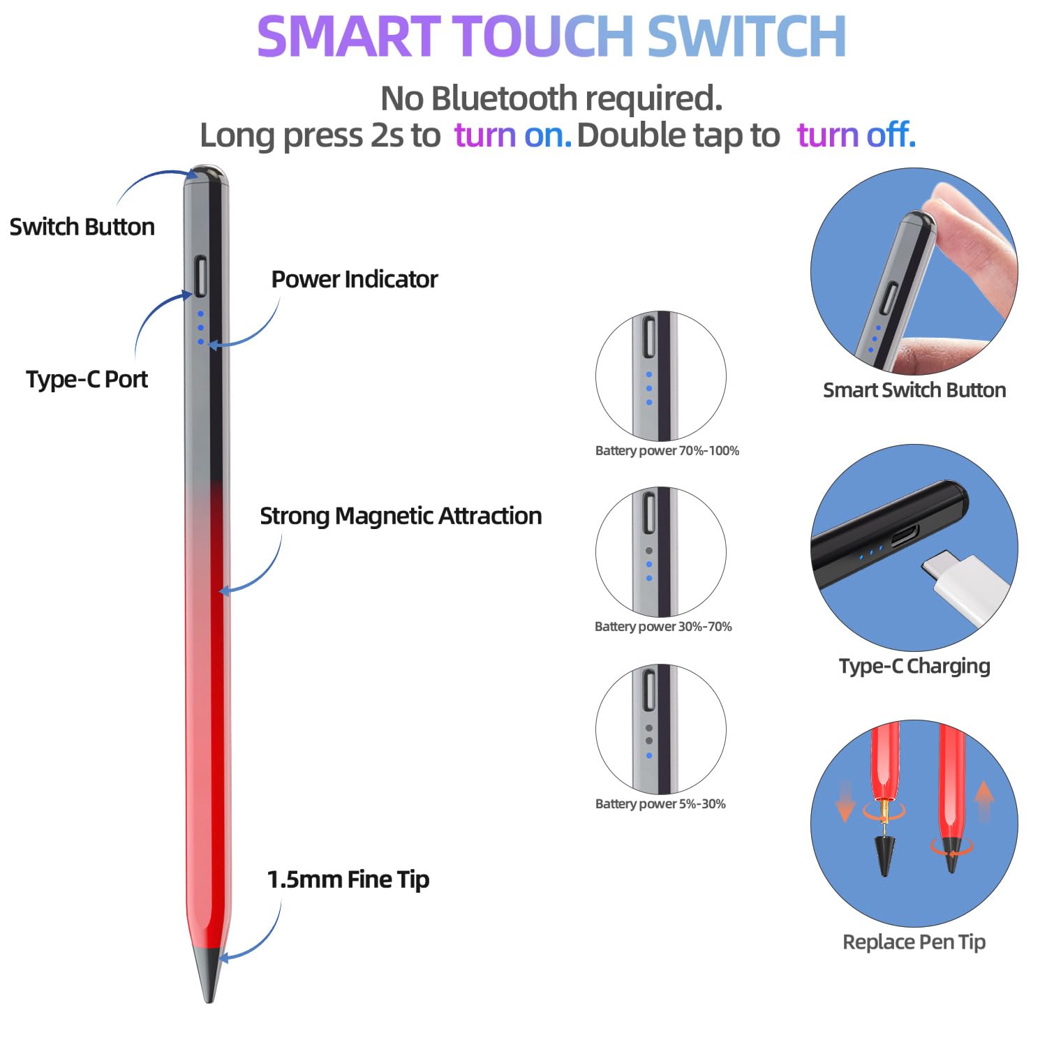 Premium Stylus Pen for iPad - Compatible with iPad 10th/9th Gen, iPad Air 5/4/3, iPad Pro 11/12.9 Inch - Magnetic Apple Pencil with Palm Rejection & Tilt Sensitivity (Black & Red) - Perfect for Digital Art, Note-Taking & Professional Work