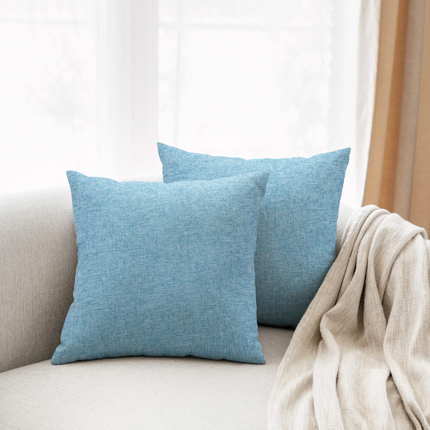 All Smiles Light Blue Decorative Throw Pillow Covers 18x18 - Outdoor Patio Furniture Square Accent Cushion, Teal Sunbrella Pillowcases for Bench Sofa & Couch - Perfect for Porch, Deck, and Living Room Decor