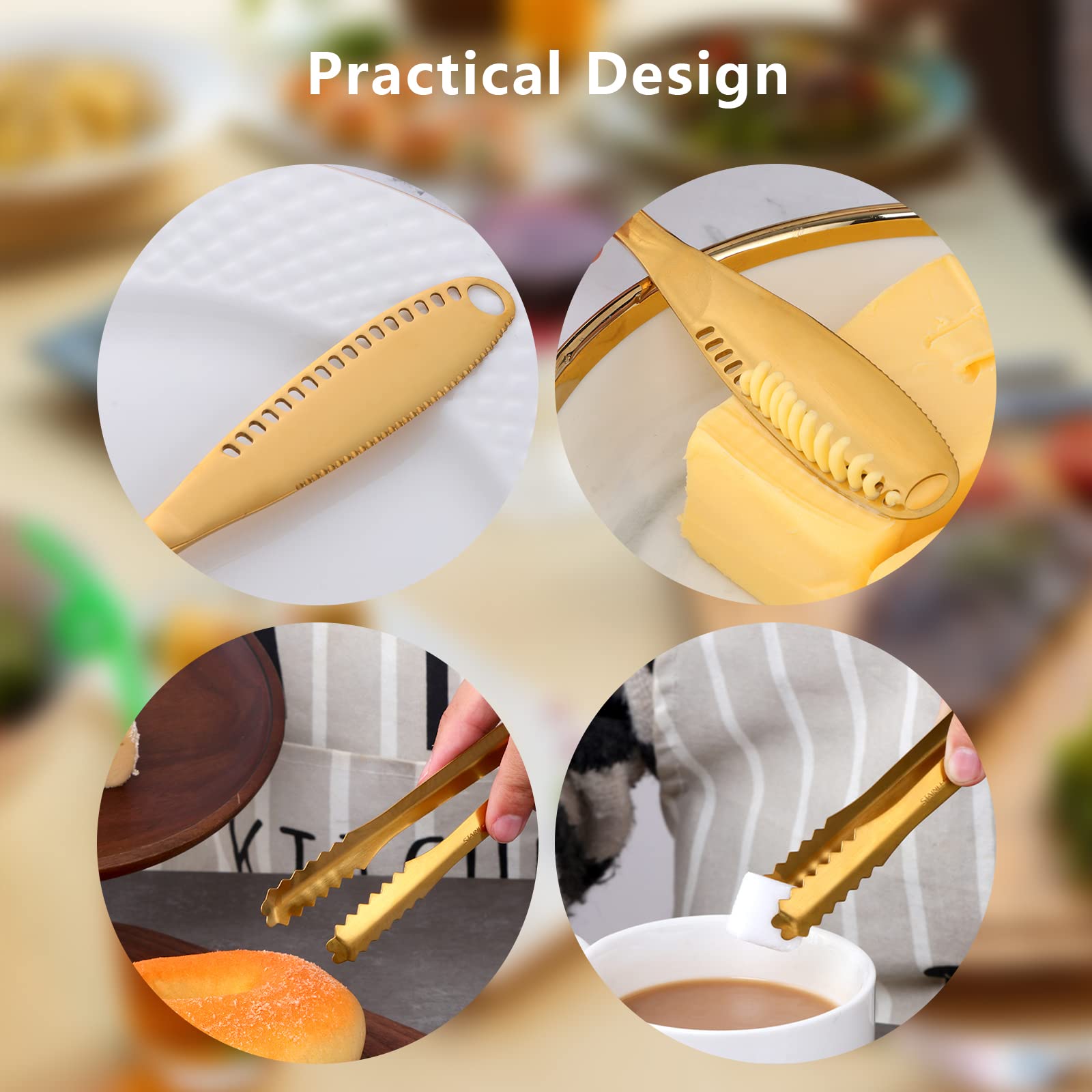 14-Piece Stainless Steel Cheese, Butter & Jam Spreader Set - Includes Round Soup Spoons, Dinner Forks & Mini Serving Tongs - Perfect for Pastry Making, Tea Parties & Kitchen Serving (Gold)
