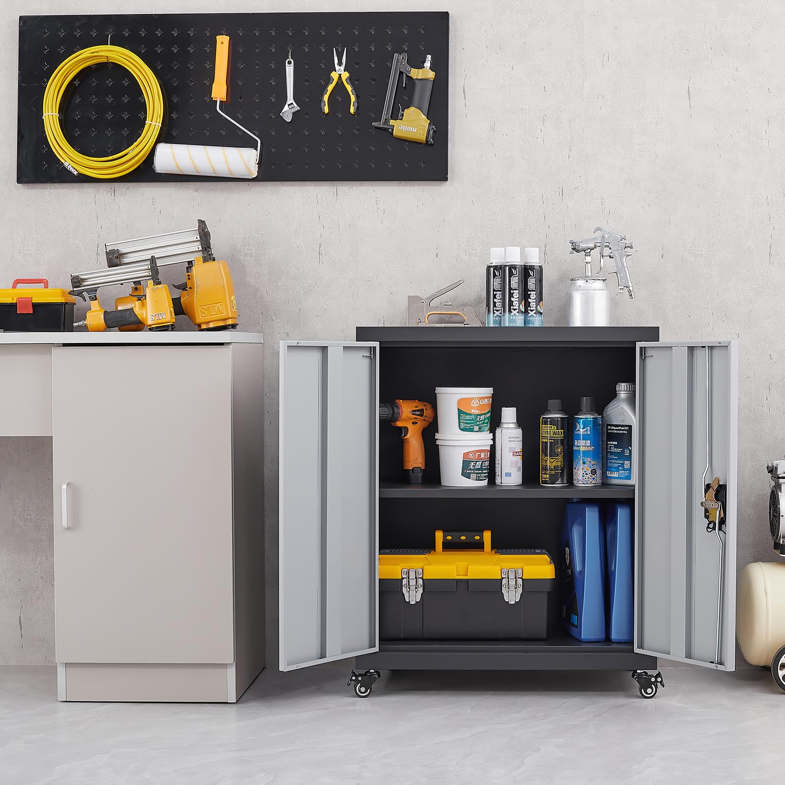 Metal Storage Cabinet with Wheels & Lockable Doors - Adjustable Shelf Steel Garage Cabinet for Office, Home, Classroom - Heavy Duty Black & Grey Storage Organizer for Tools, Supplies & Equipment