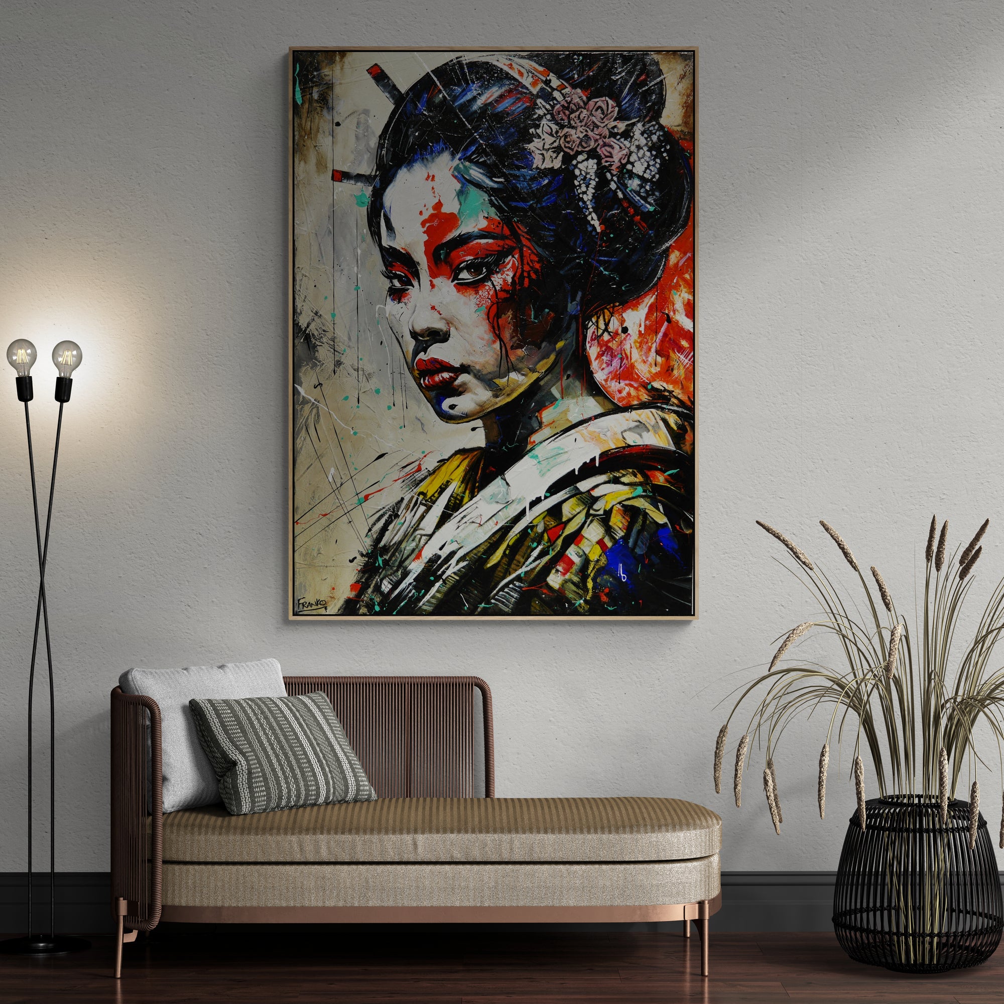 140cm x 100cm Framed Mulan Warrior Abstract Realism Art Painting - Acrylic Textured Varnished Canvas in Oak Frame - Perfect for Living Room, Bedroom or Office Wall Decor