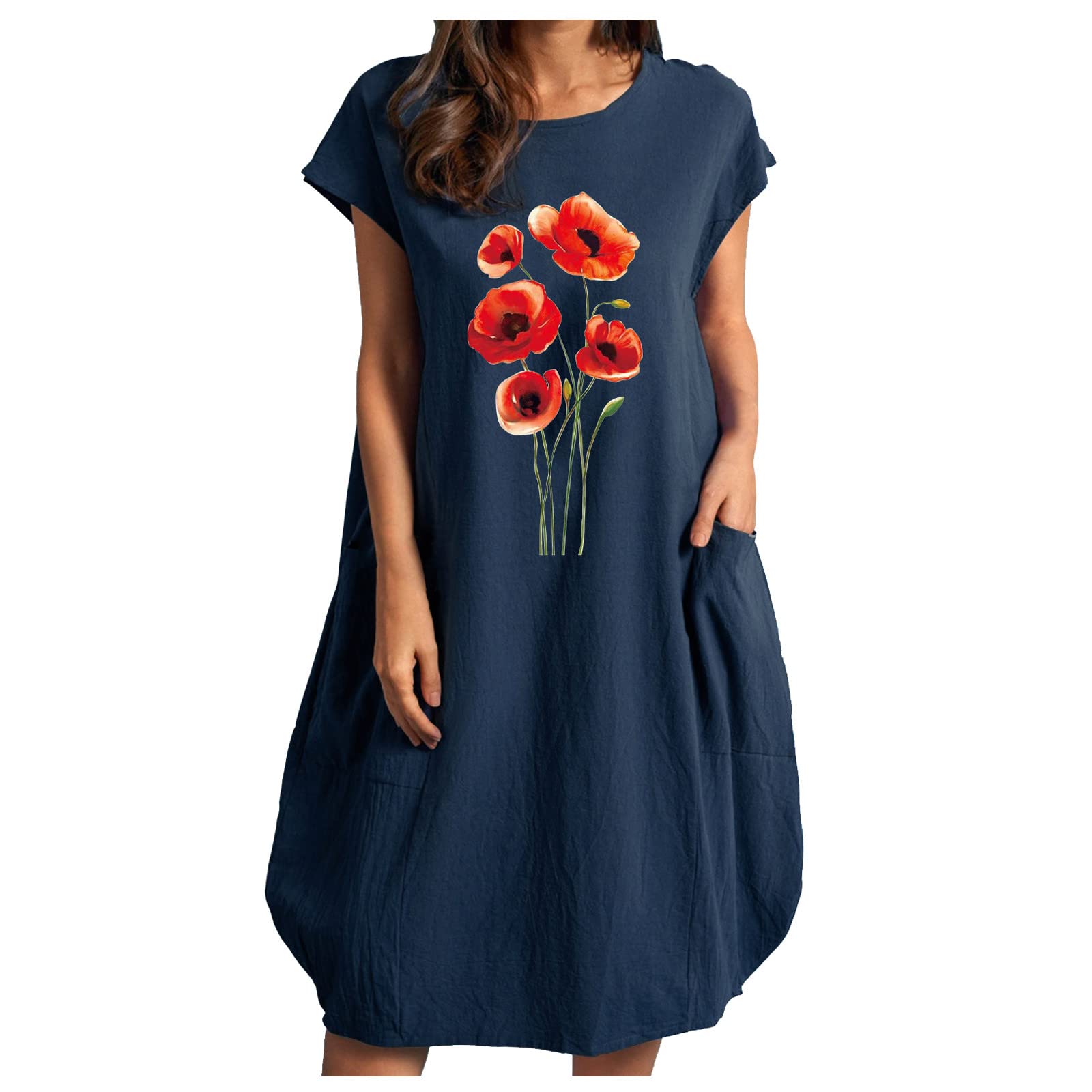 XHJUN Women's Summer Wedding Guest Dress - Floral Print O-Neck Short Sleeve Dress with Pockets, Plus Size Casual Party Dress for Bridal Shower, Garden Party & Summer Events