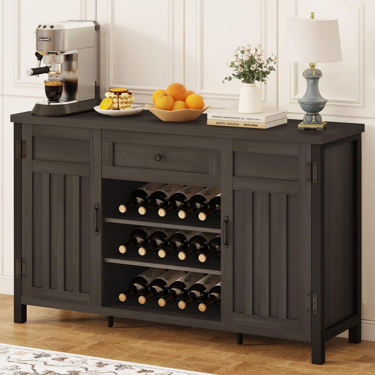 FATORRI Industrial Coffee Bar Cabinet with Drawer & Wine Rack - Farmhouse Sideboard Buffet Storage Cabinet with Door - Kitchen Credenza Cupboard in Walnut Brown - Perfect for Dining Room, Living Room & Home Bar Setup