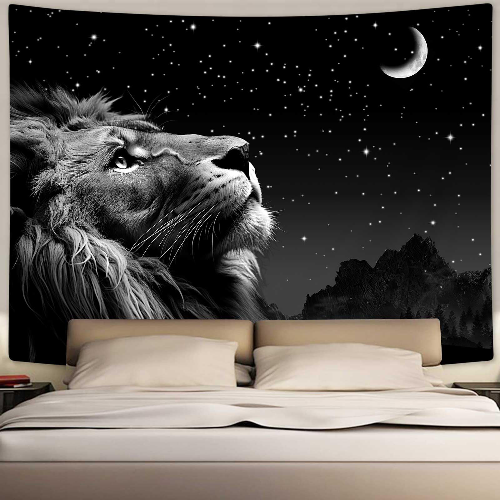 Boziqr Cool Lion & Space Stars Moon Tapestry Wall Hanging - 71x60 Inches Aesthetic Black Tapestry for Men's Bedroom, Living Room, Dorm Decor | Perfect for Bohemian Style, Teen Room & College Apartment Wall Art