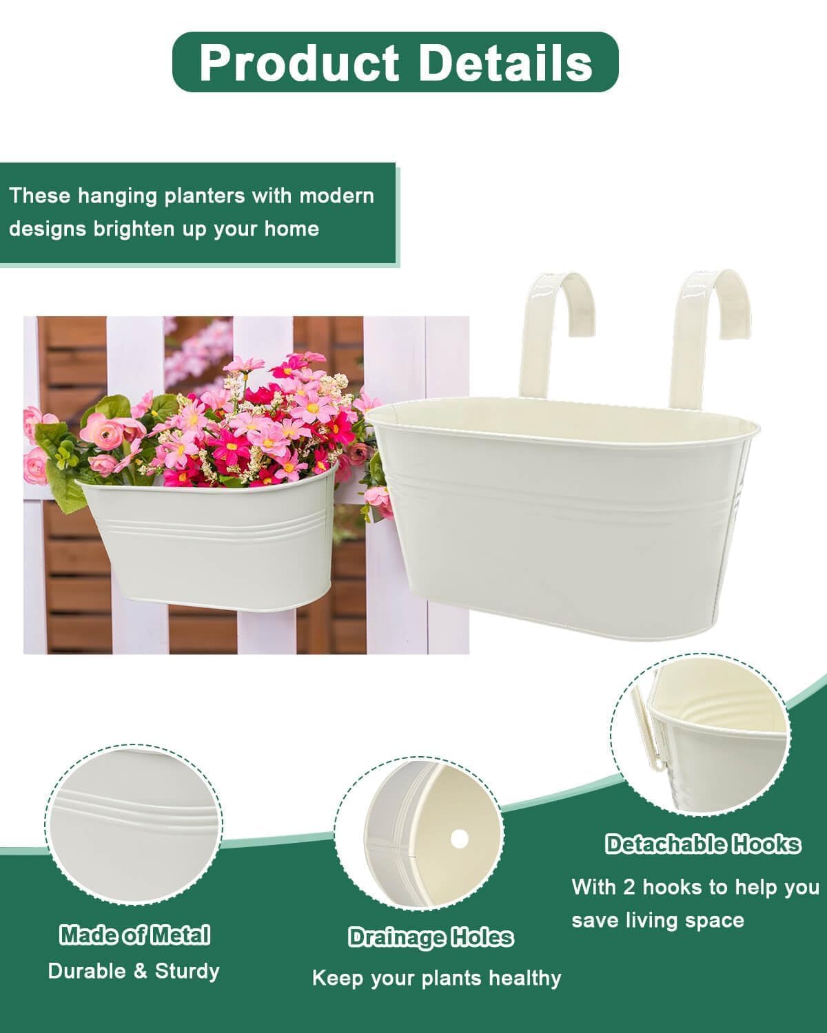 Vensovo 5-Pack White Metal Railing Planter Box for Outdoor Plants - Oval Hanging Flower Pots with Detachable Hooks & Drain Holes - Perfect for Balcony, Garden Fence, Deck & Patio Decor