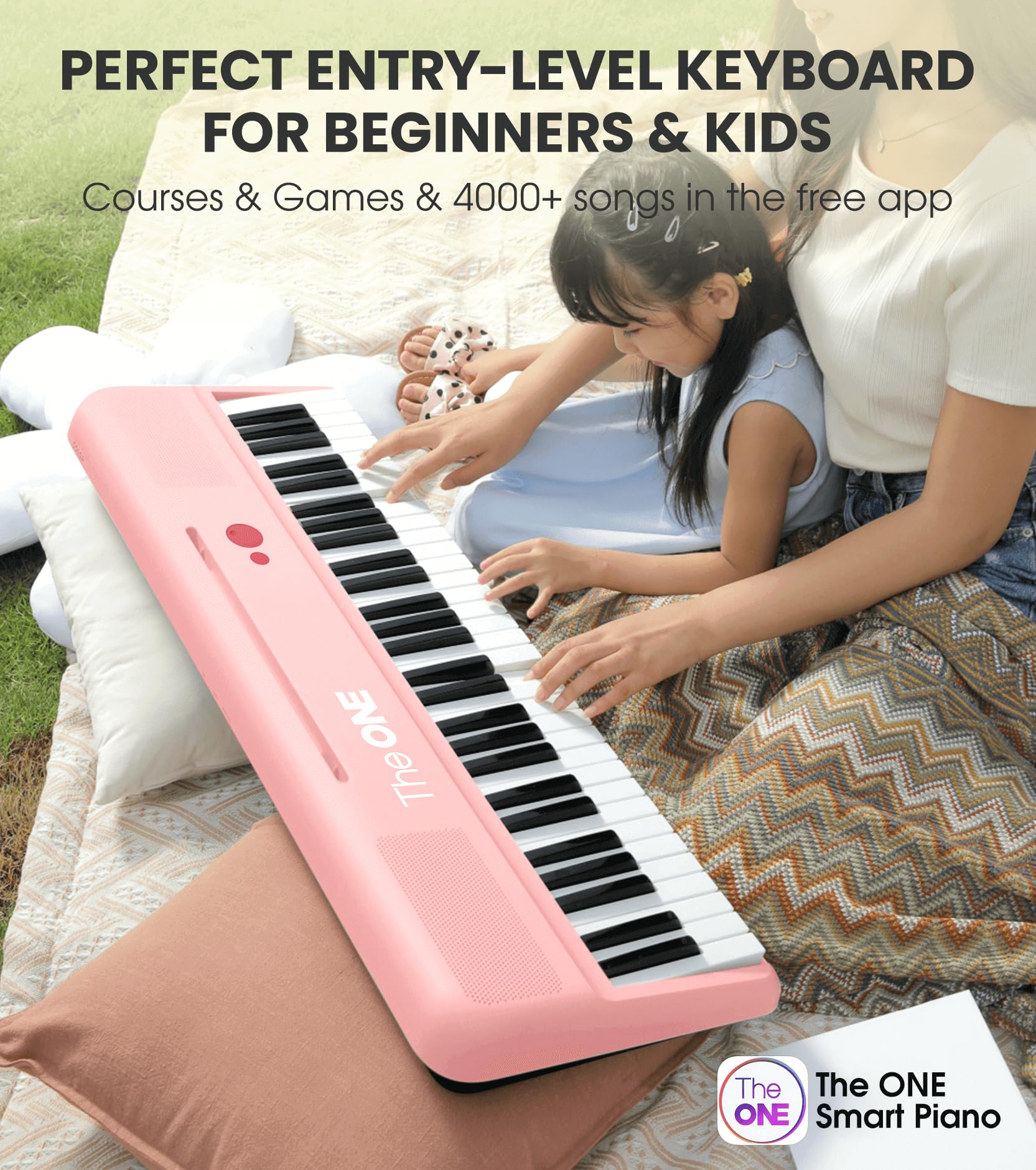 The ONE Smart Keyboard COLOR 61-Key Lighted Digital Piano with 256 Tones & 64 Polyphony - Beginner Piano Keyboard with Built-in LED Lights, Free Apps & Stand (Pink) - Perfect for Home Learning, Music Practice & Gift Giving