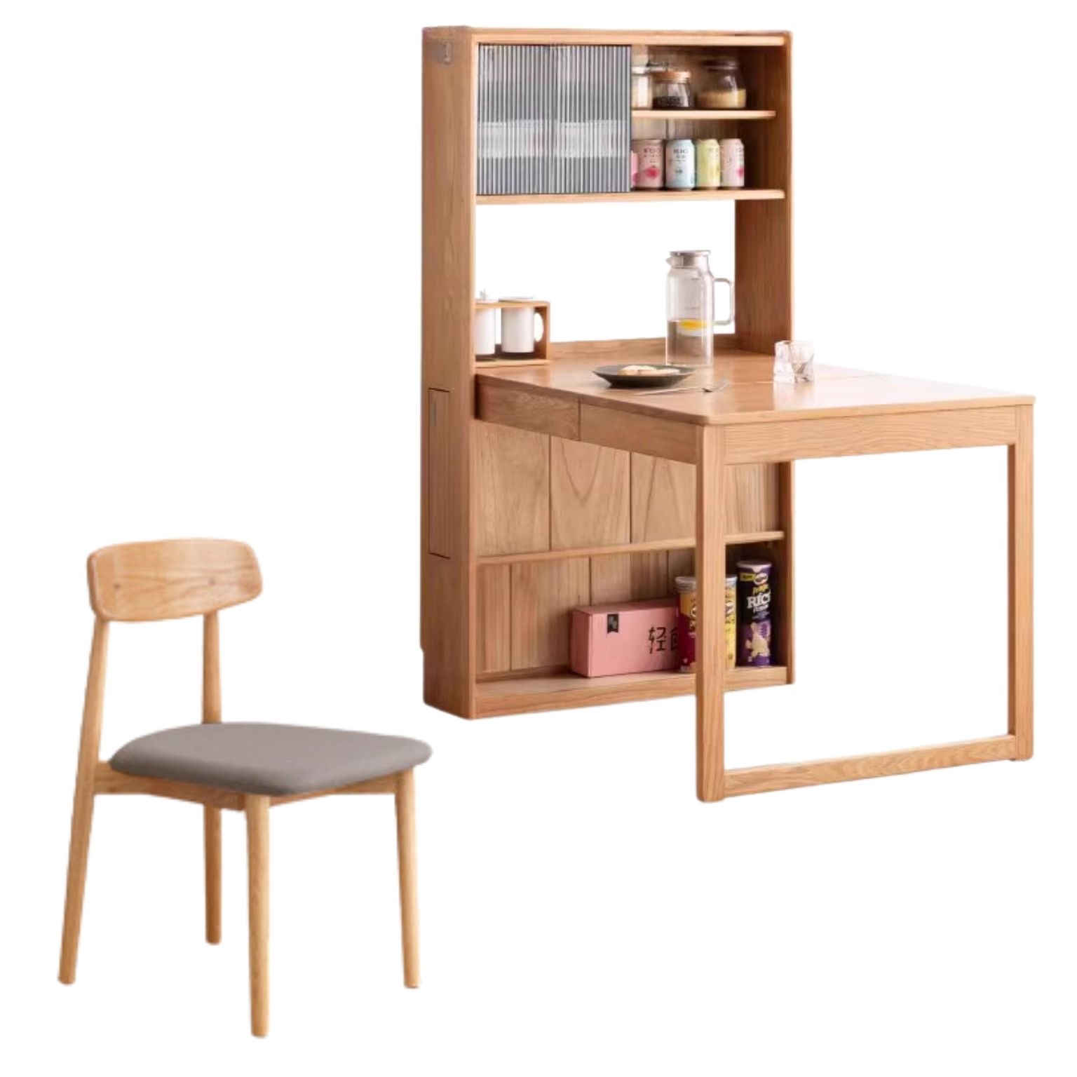 Solid Oak Wood Extendable Dining Table with Sideboard - Expandable for Large Gatherings, Perfect for Dining Room & Entertaining