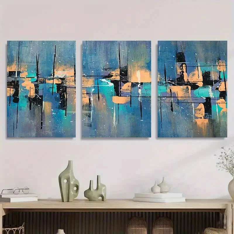 3-Piece Abstract Blue and Orange Geometric Metal Wall Art - Ready to Hang Modern Home Decor for Living Room, Bedroom & Office