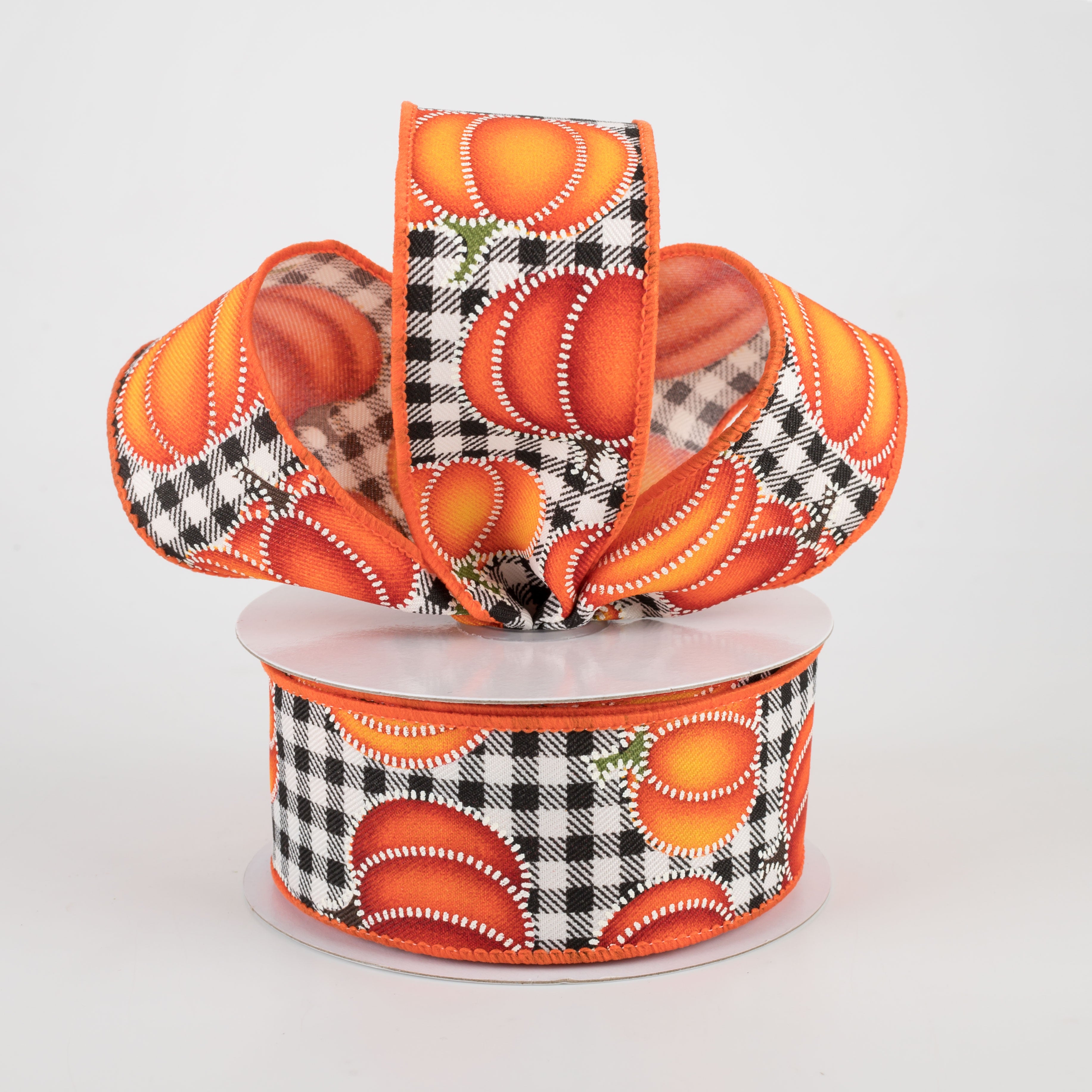 1.5 Inch Black and White Dotted Pumpkin Check Ribbon - 10 Yards Bulk Roll for Gift Wrapping, Crafts, and Fall Decorations