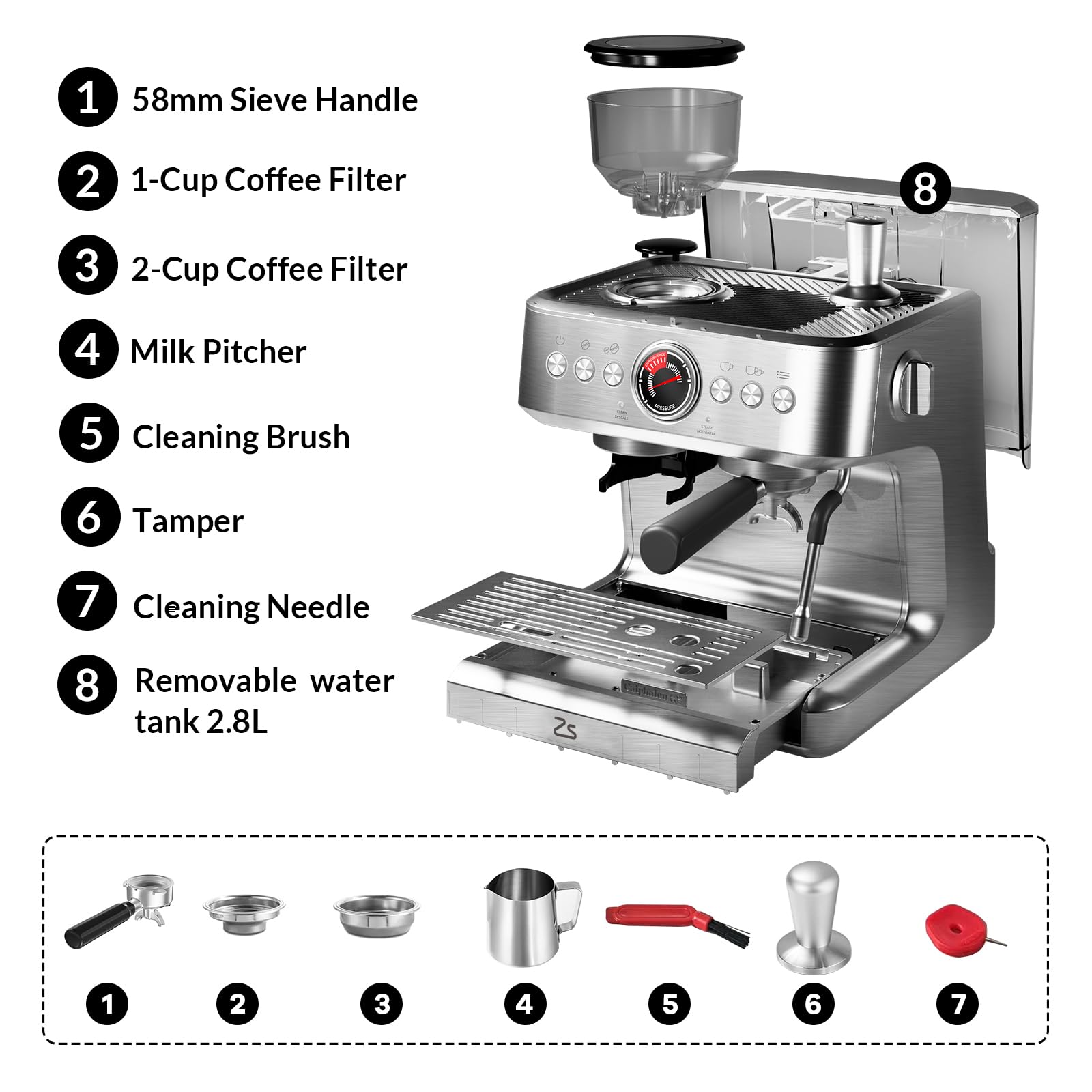Professional 20 Bar Stainless Steel Espresso Coffee Machine with Built-in Grinder & Milk Frother - 2.8L Water Tank for Barista-Quality Espresso, Latte & Cappuccino - Perfect for Home Coffee Shops & Office Break Rooms (Silver)