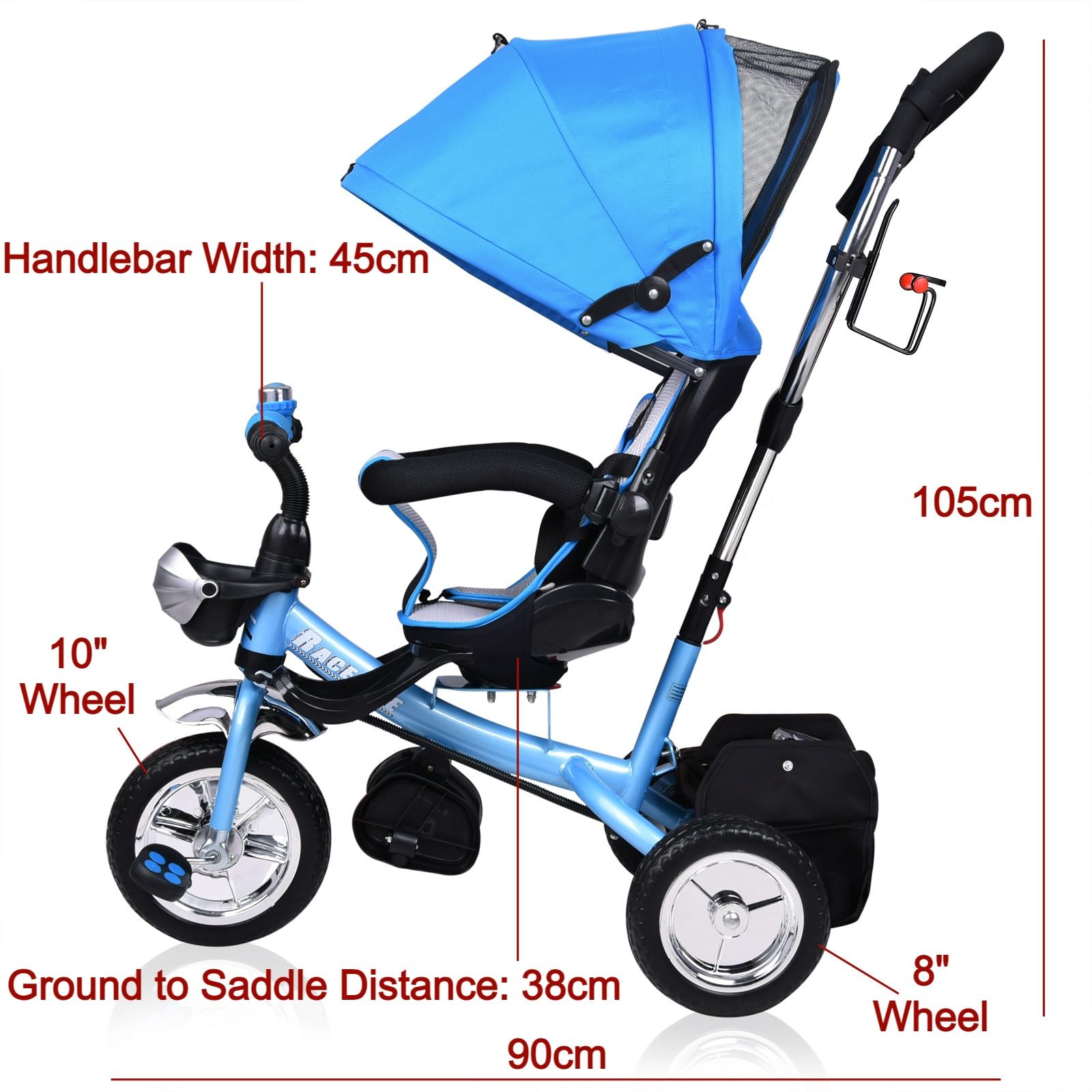 Spielwerk® Blue Kids Tricycle with Safety Belt, Push Rod, Adjustable Footrest, Canopy & Removable Basket - Toddler Trike Bike Stroller for Boys & Girls | Outdoor Play, Park Rides, Backyard Fun