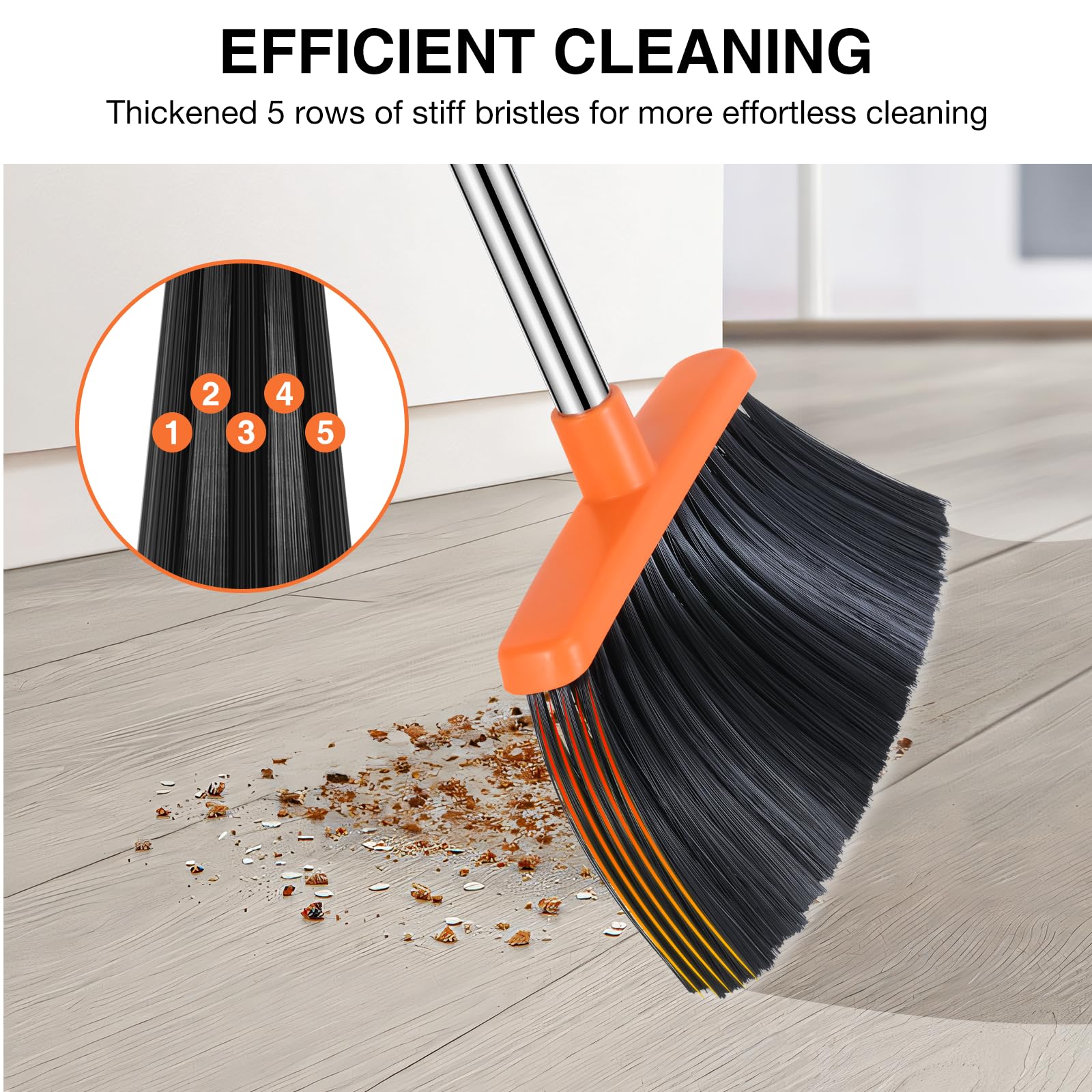 52-in Long Adjustable Handle Broom and Dustpan Set with Teeth for Hair Cleaning - Gray & Orange | Ideal for Home, Kitchen, Office & Hallway Floors